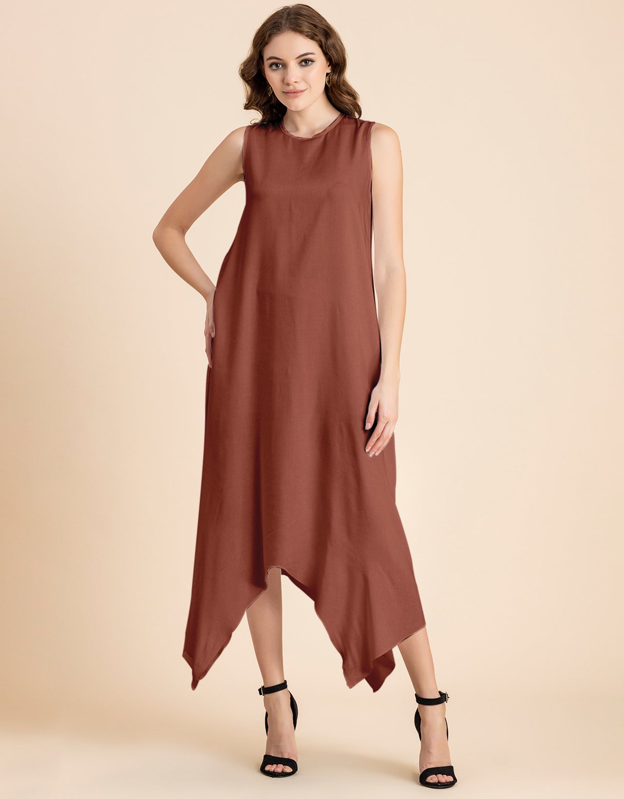 Contemporary Asymmetric Round Neck Solid Rayon Dress