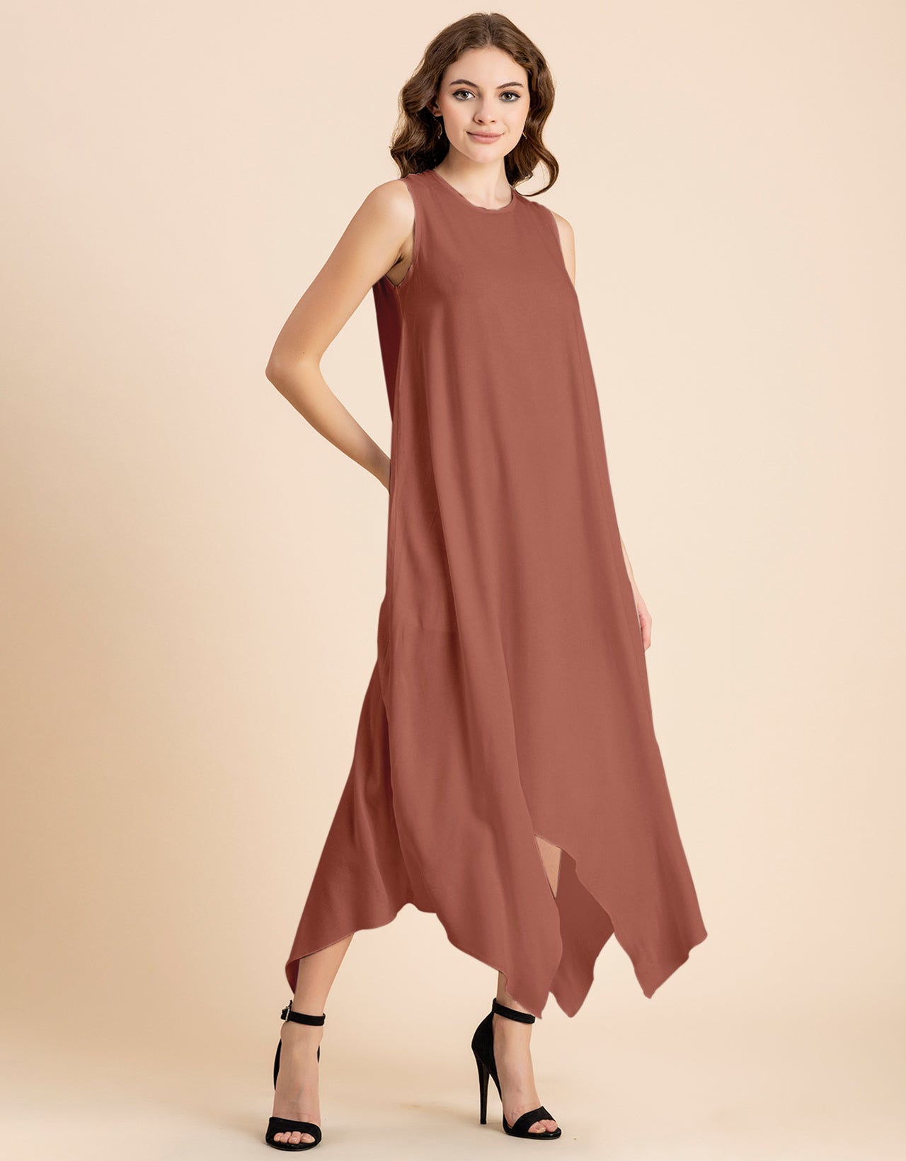 Contemporary Asymmetric Round Neck Solid Rayon Dress
