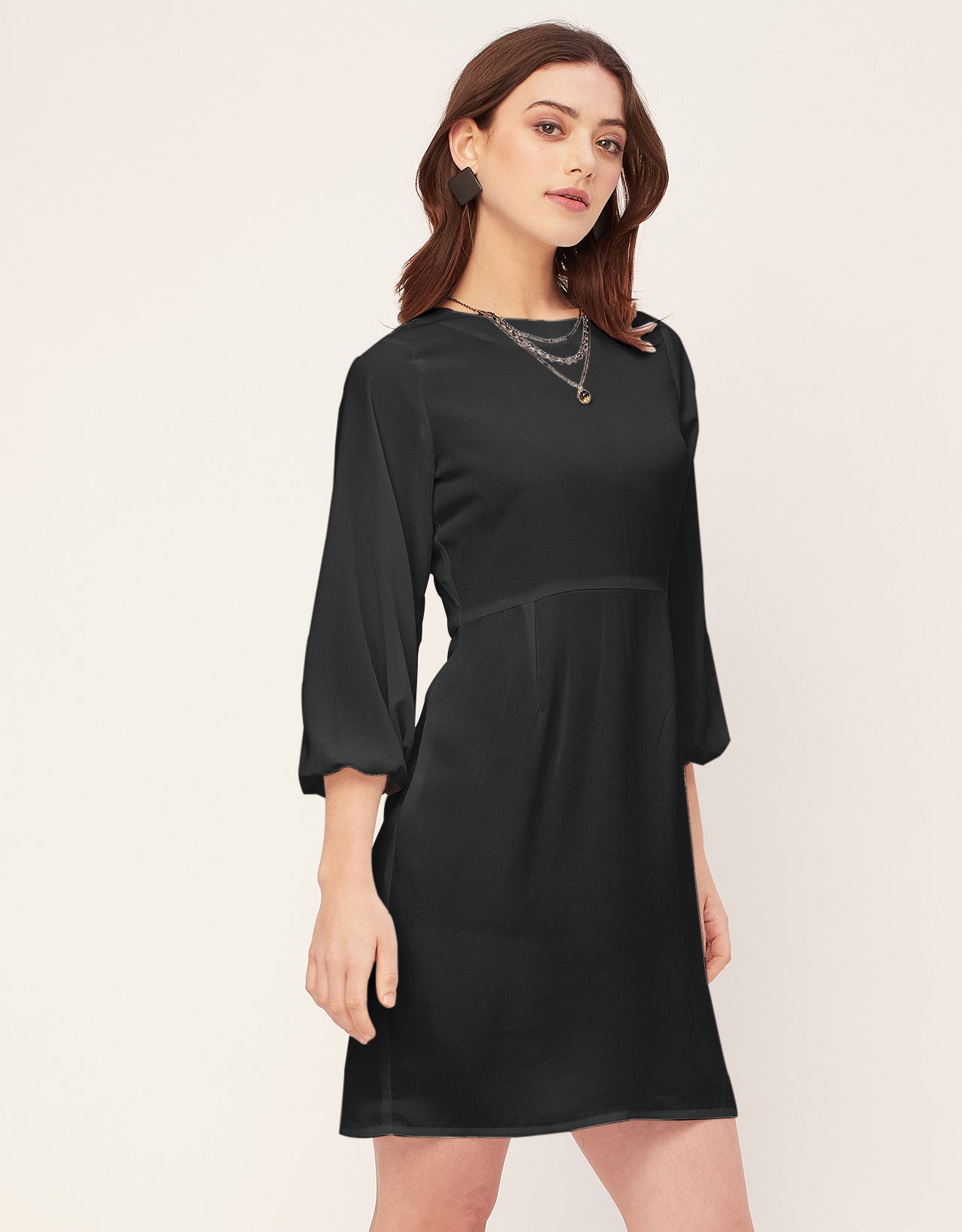 Boat Neck Bodycon Solid Georgette Dress