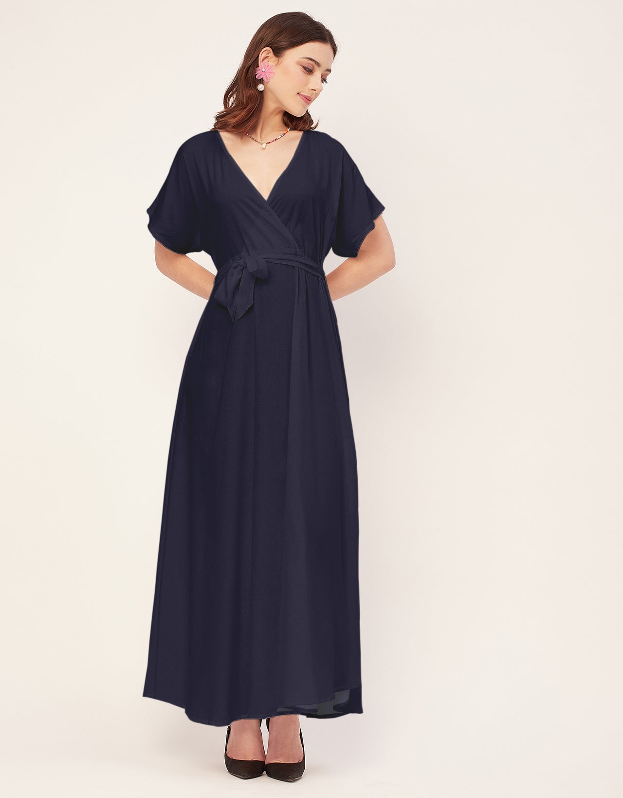 Solid Rayon Short Sleeve Fit & Flare Dress