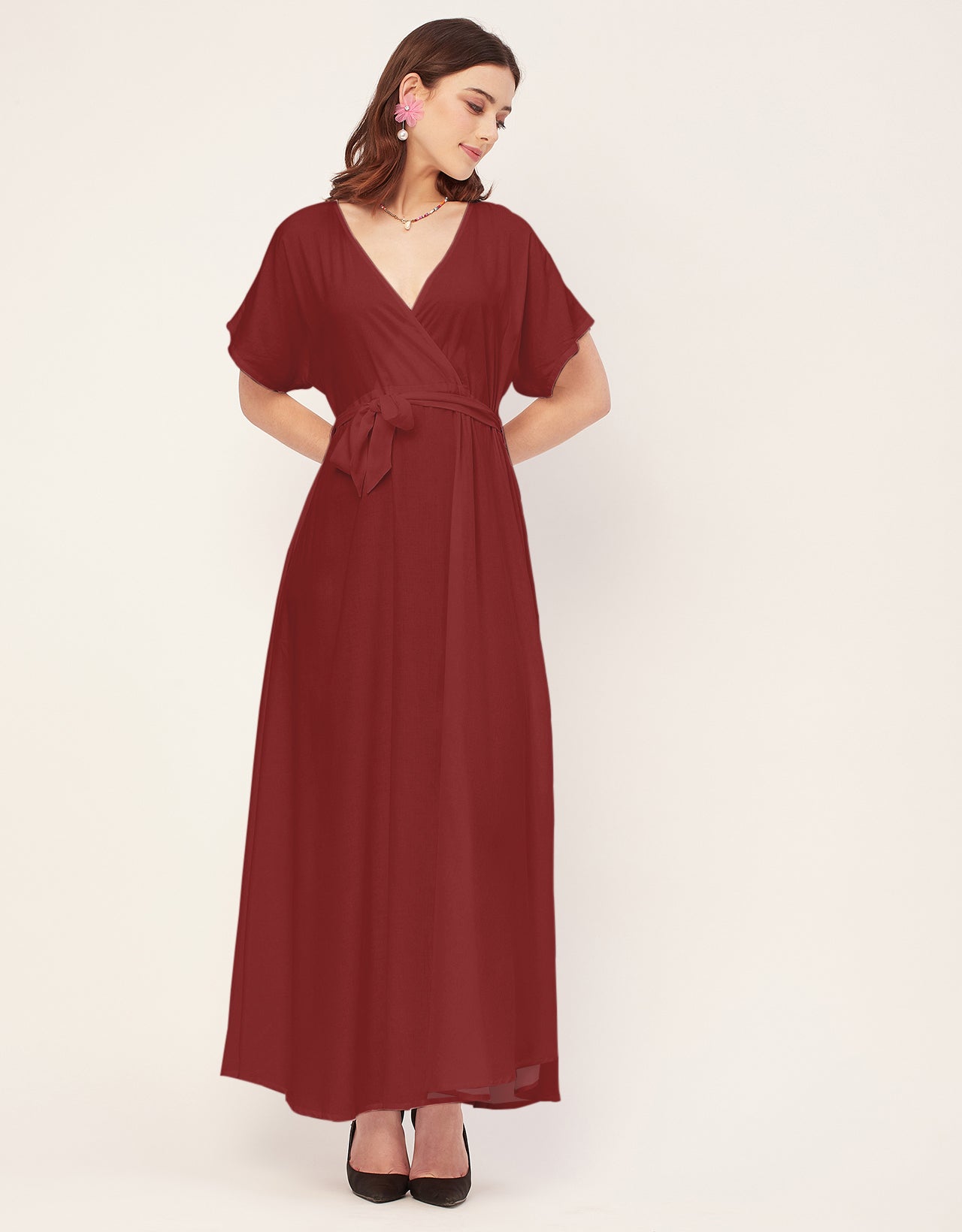 Solid Rayon Short Sleeve Fit & Flare Dress