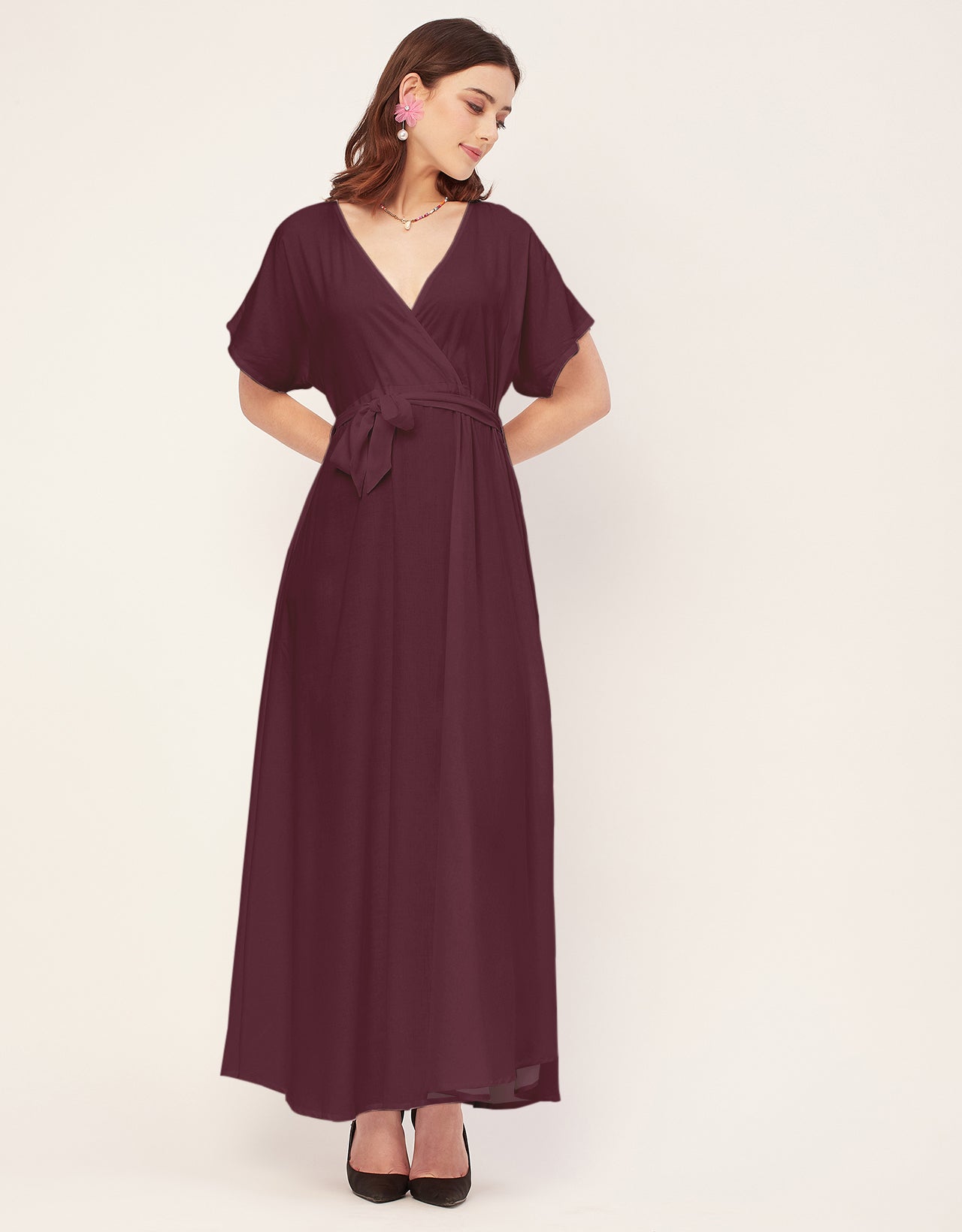 Solid Rayon Short Sleeve Fit & Flare Dress