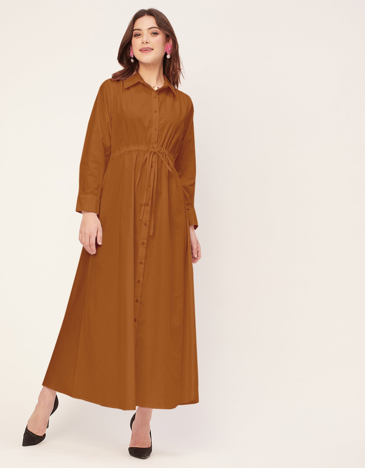 Classic Solid Cotton Long Sleeve A-Line Dress