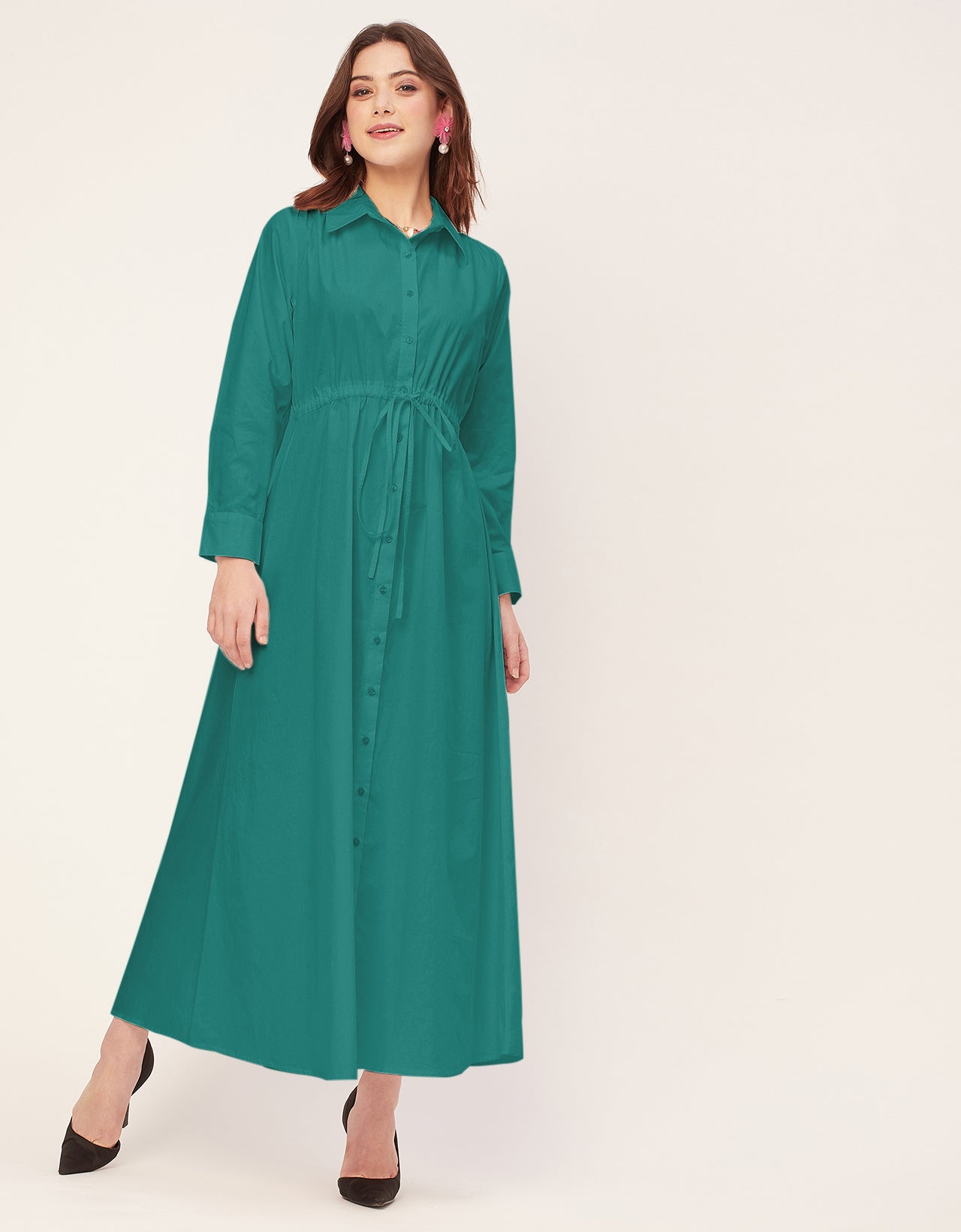 Classic Solid Cotton Long Sleeve A-Line Dress