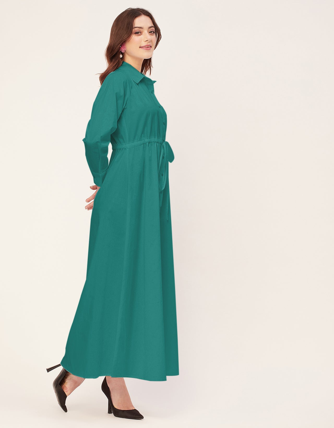 Classic Solid Cotton Long Sleeve A-Line Dress