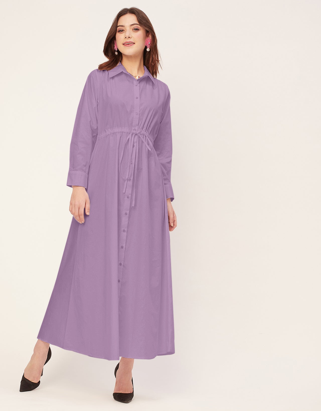 Classic Solid Cotton Long Sleeve A-Line Dress