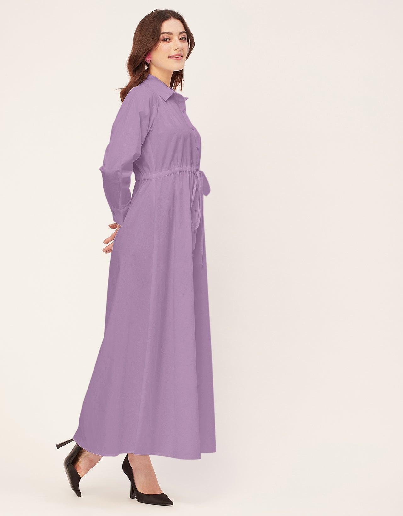 Classic Solid Cotton Long Sleeve A-Line Dress