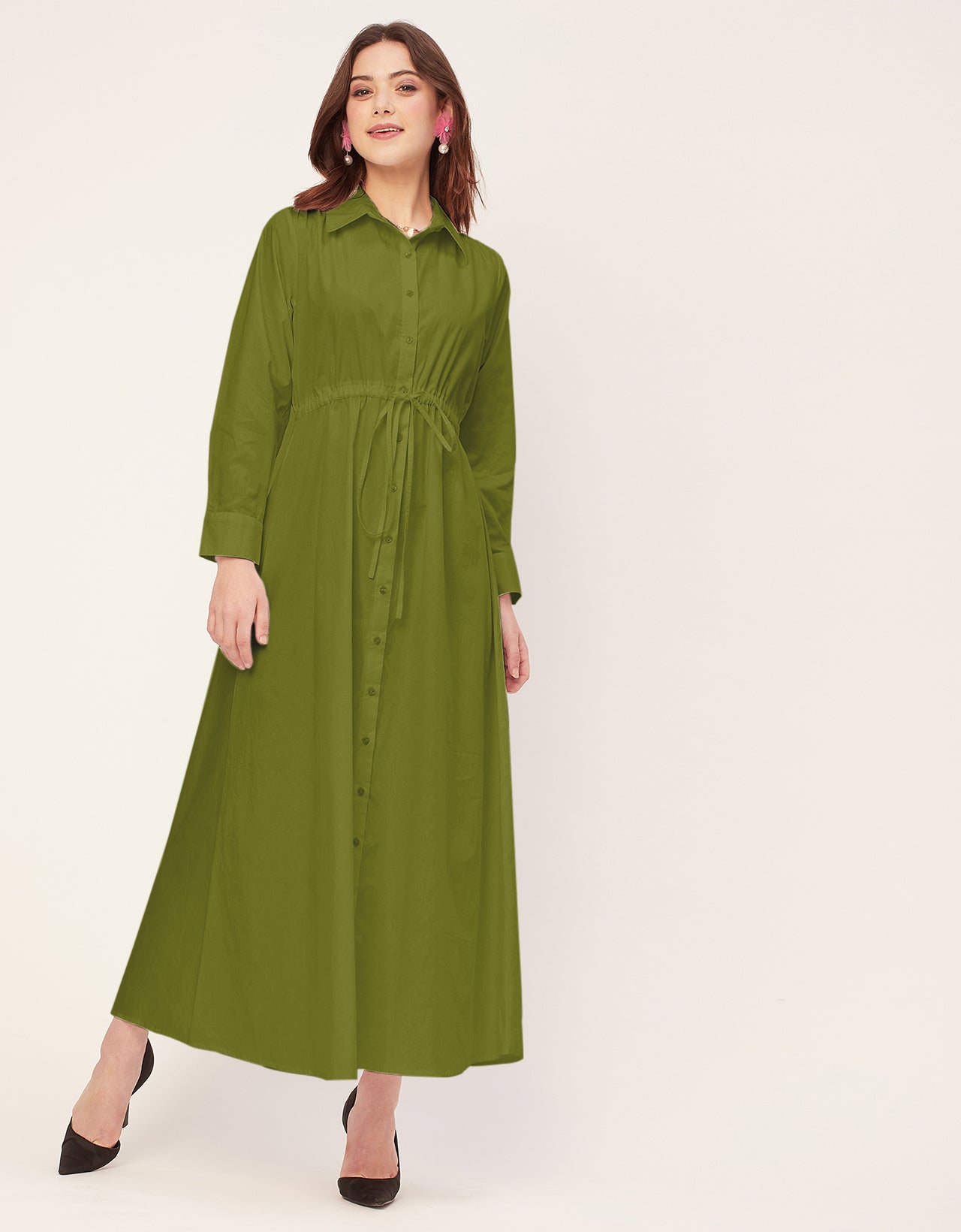 Classic Solid Cotton Long Sleeve A-Line Dress