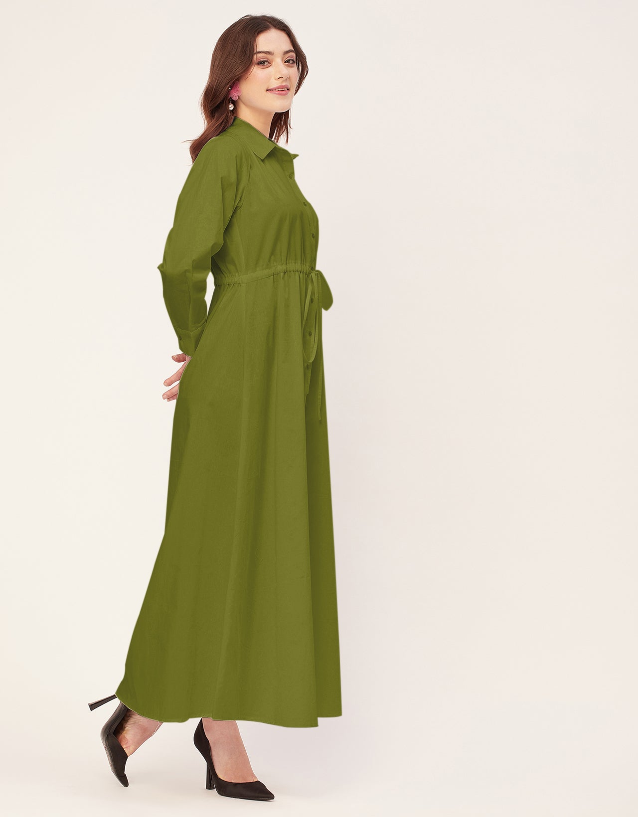 Classic Solid Cotton Long Sleeve A-Line Dress