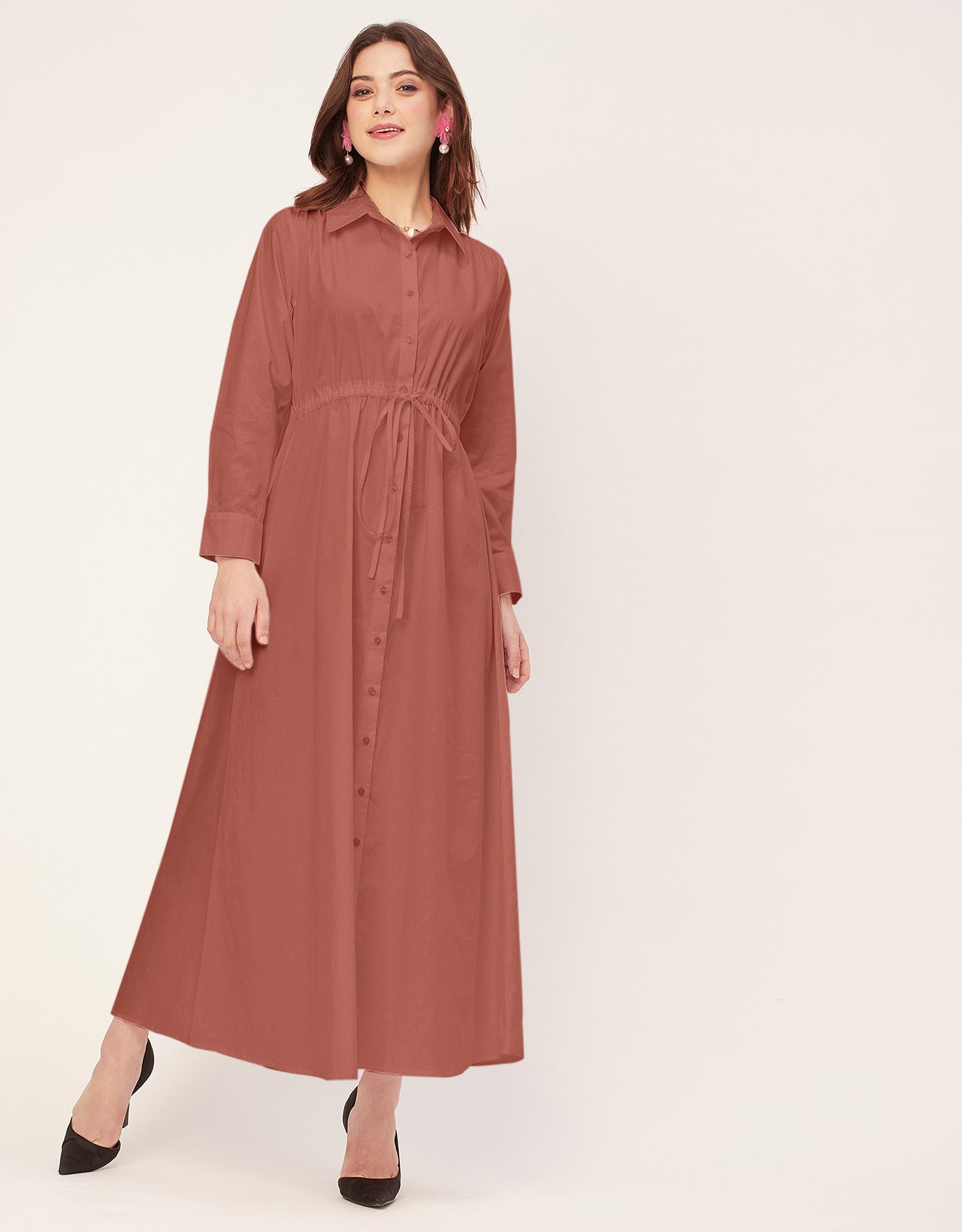 Classic Solid Cotton Long Sleeve A-Line Dress