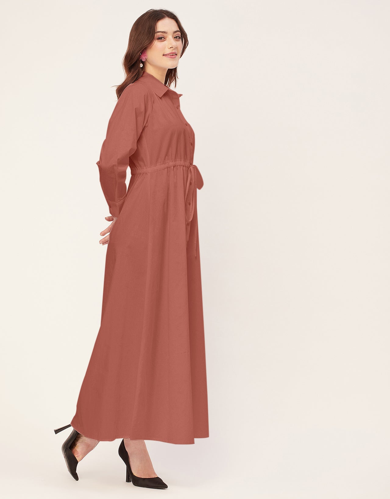 Classic Solid Cotton Long Sleeve A-Line Dress
