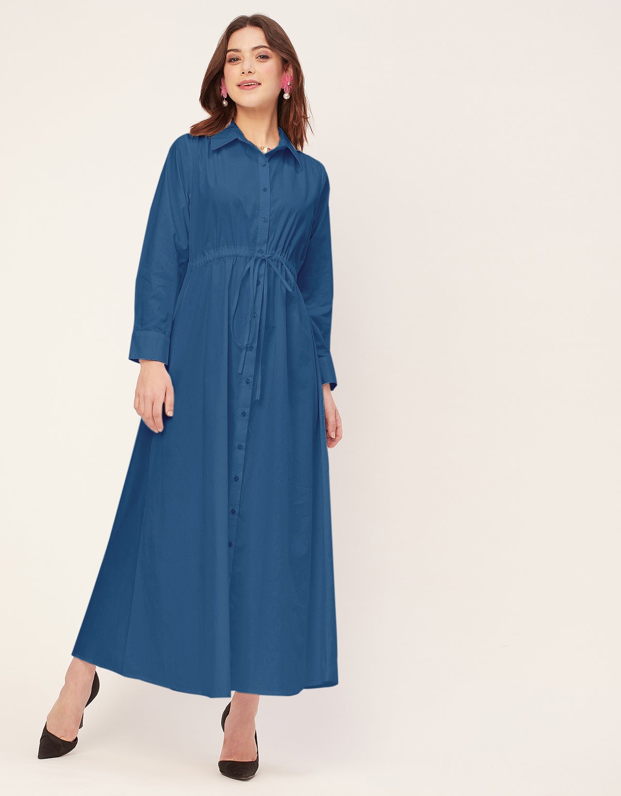 Classic Solid Cotton Long Sleeve A-Line Dress