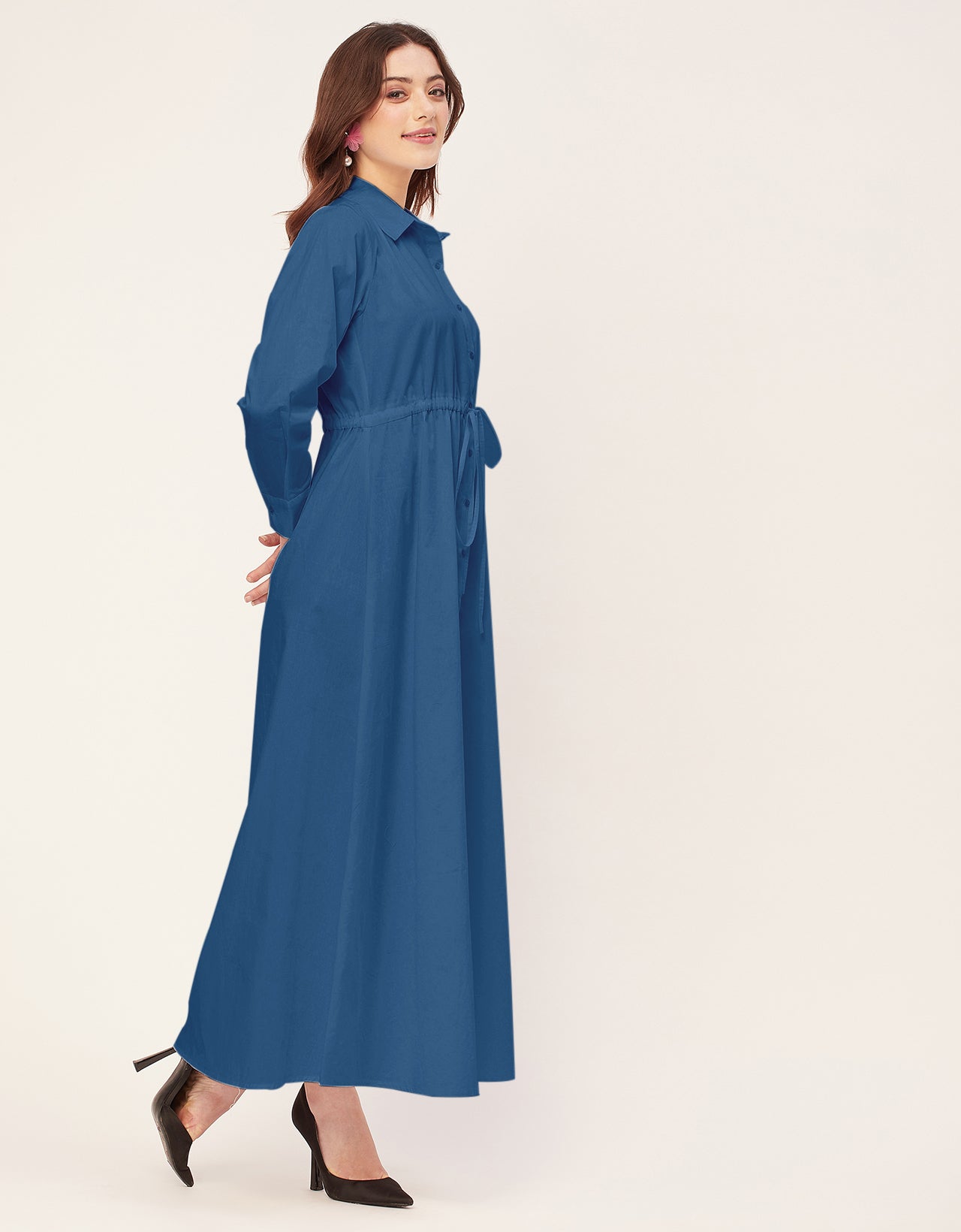 Classic Solid Cotton Long Sleeve A-Line Dress