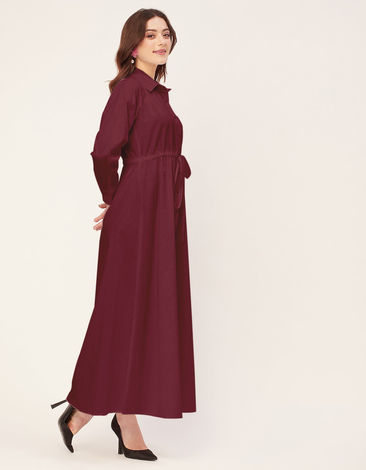 Classic Solid Cotton Long Sleeve A-Line Dress