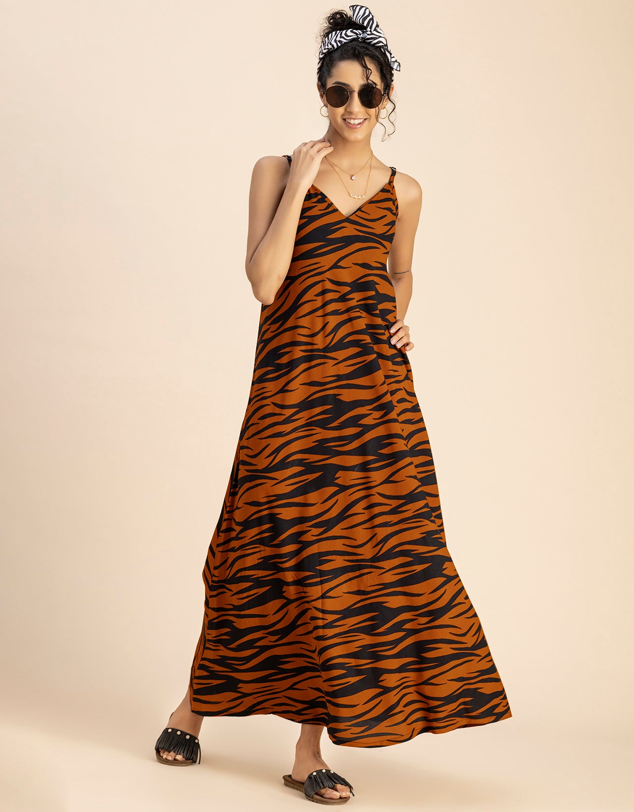 Stylish Printed Rayon Sleeveless A-Line Dress