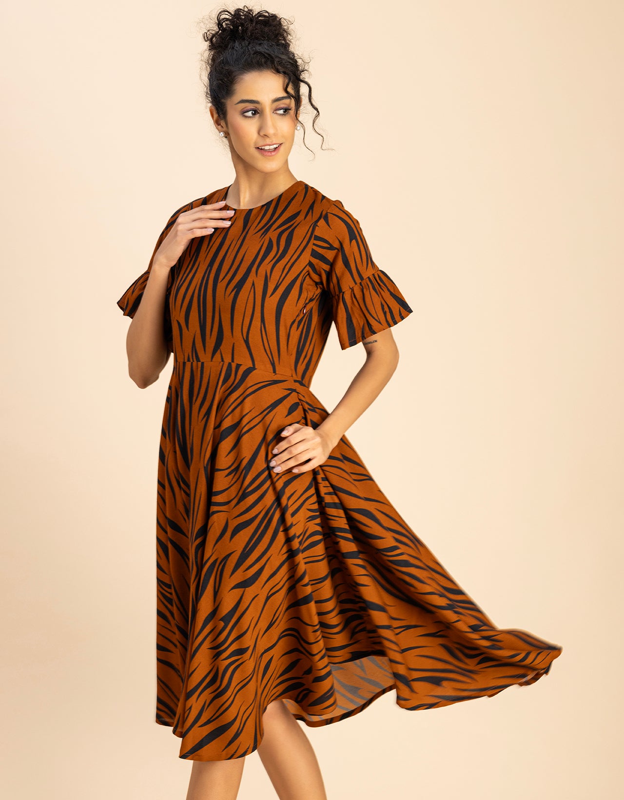 Printed Rayon Short Sleeve Fit & Flare Dress