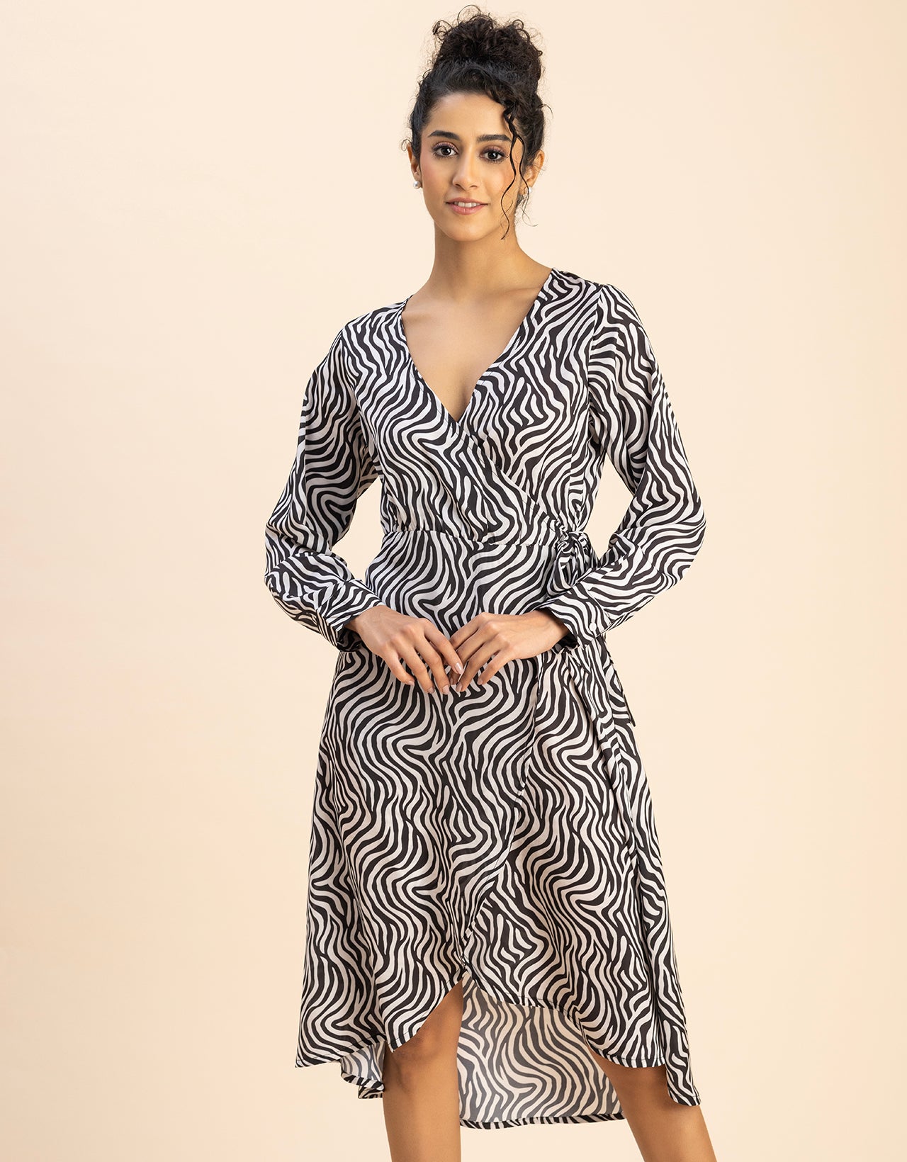 Slim Fit Printed Long Sleeve Wrap Dress