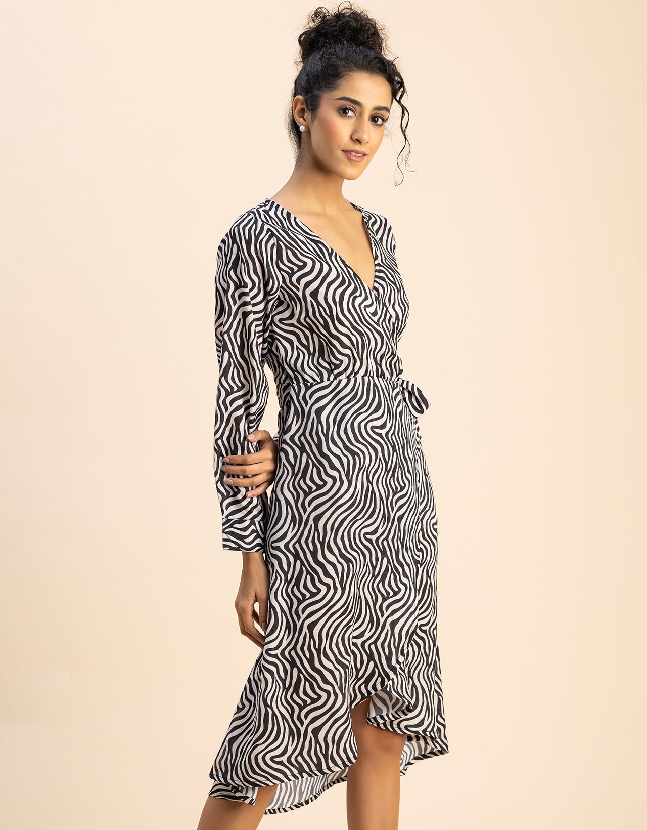 Slim Fit Printed Long Sleeve Wrap Dress