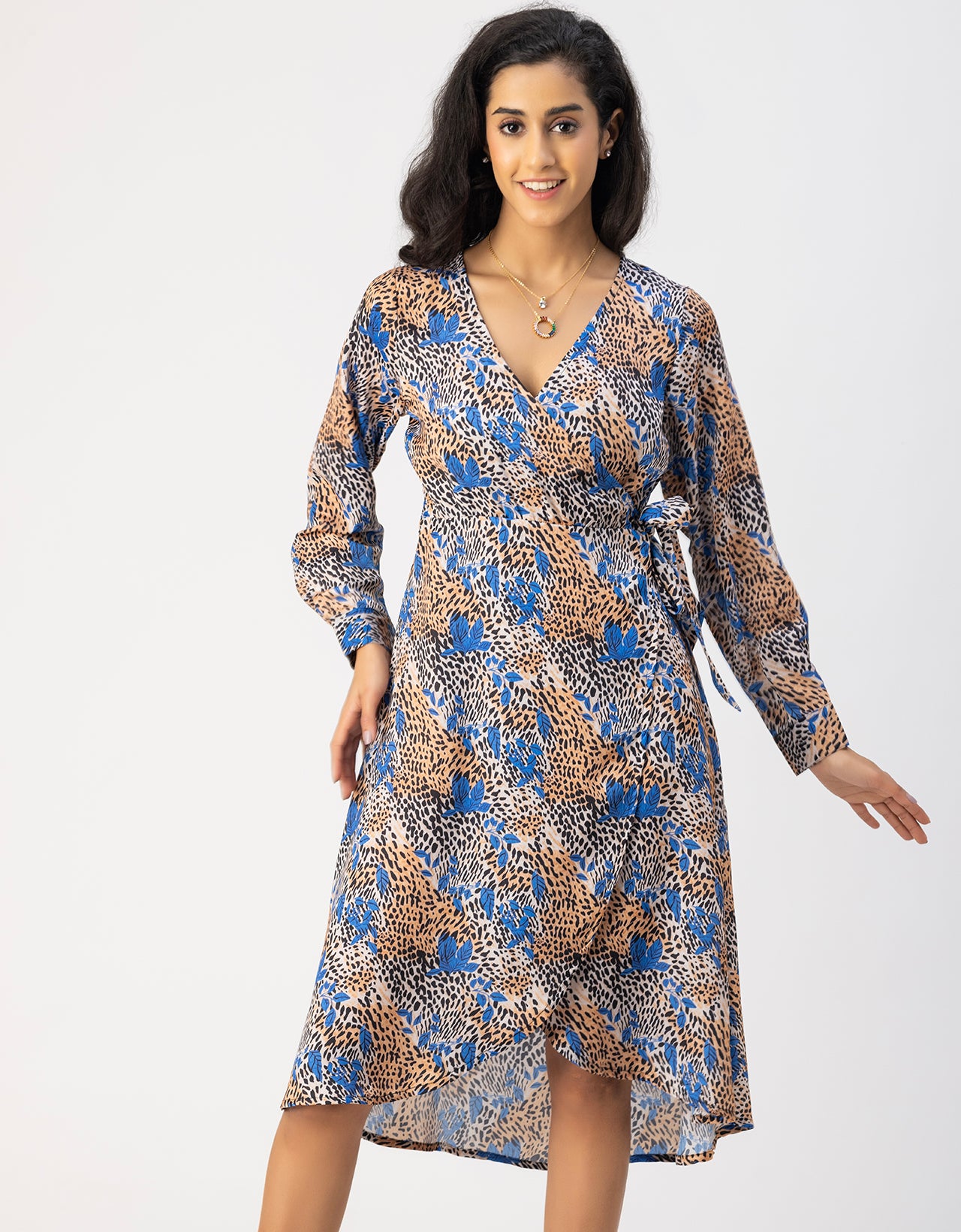 Slim Fit Printed Long Sleeve Wrap Dress