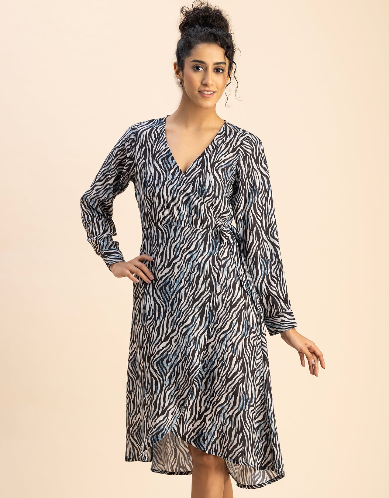 Slim Fit Printed Long Sleeve Wrap Dress