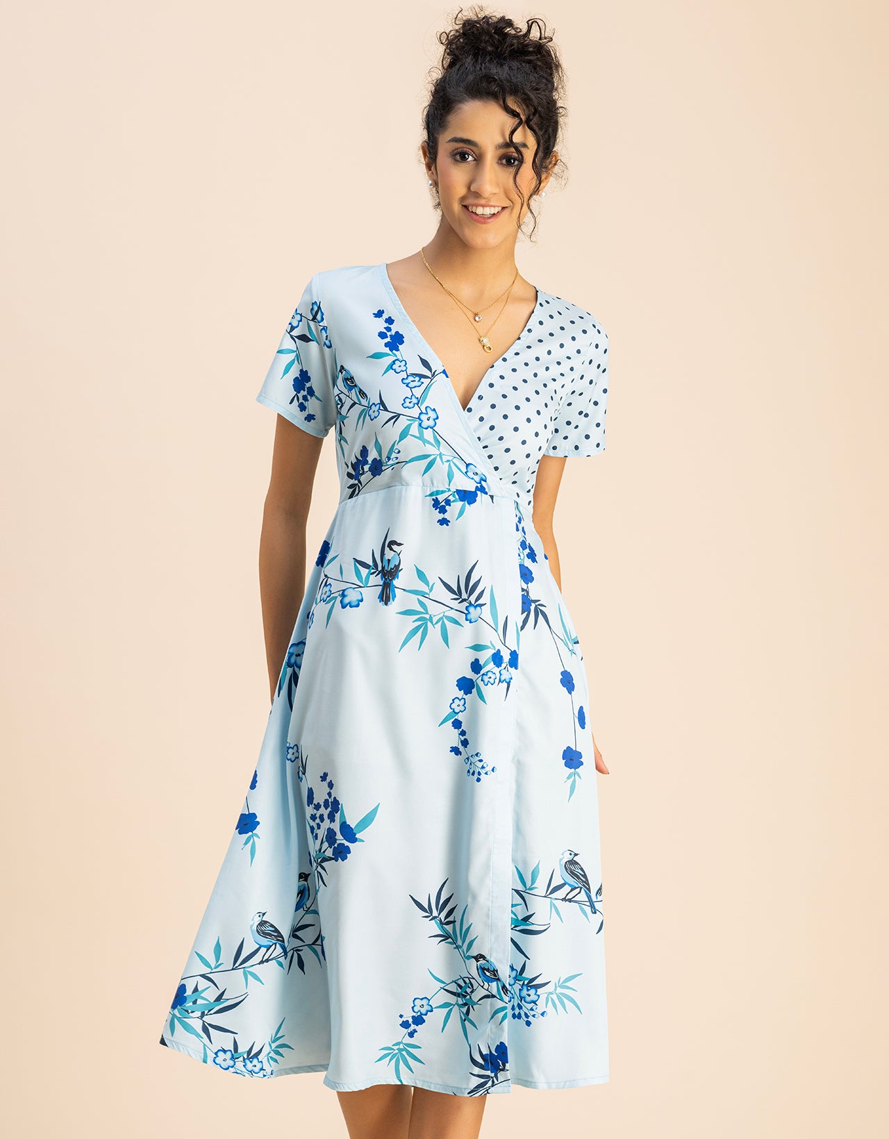 Short Sleeve V Neck A-Line Printed Dress