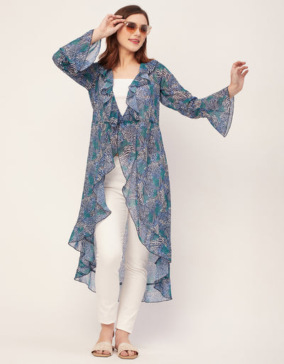 Long Sleeves V Neck Ruffle Printed Shrug