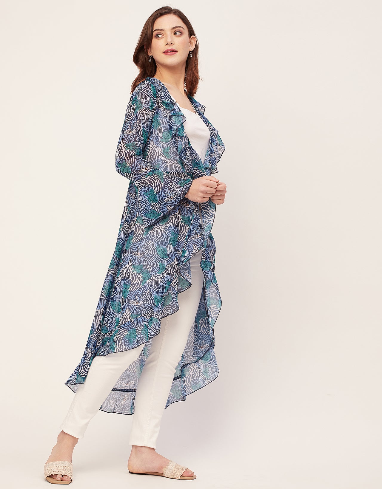 Long Sleeves V Neck Ruffle Printed Shrug