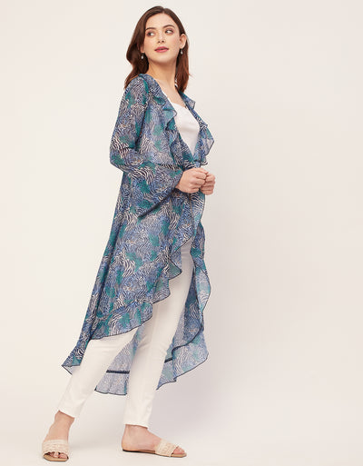 Long Sleeves V Neck Ruffle Printed Shrug