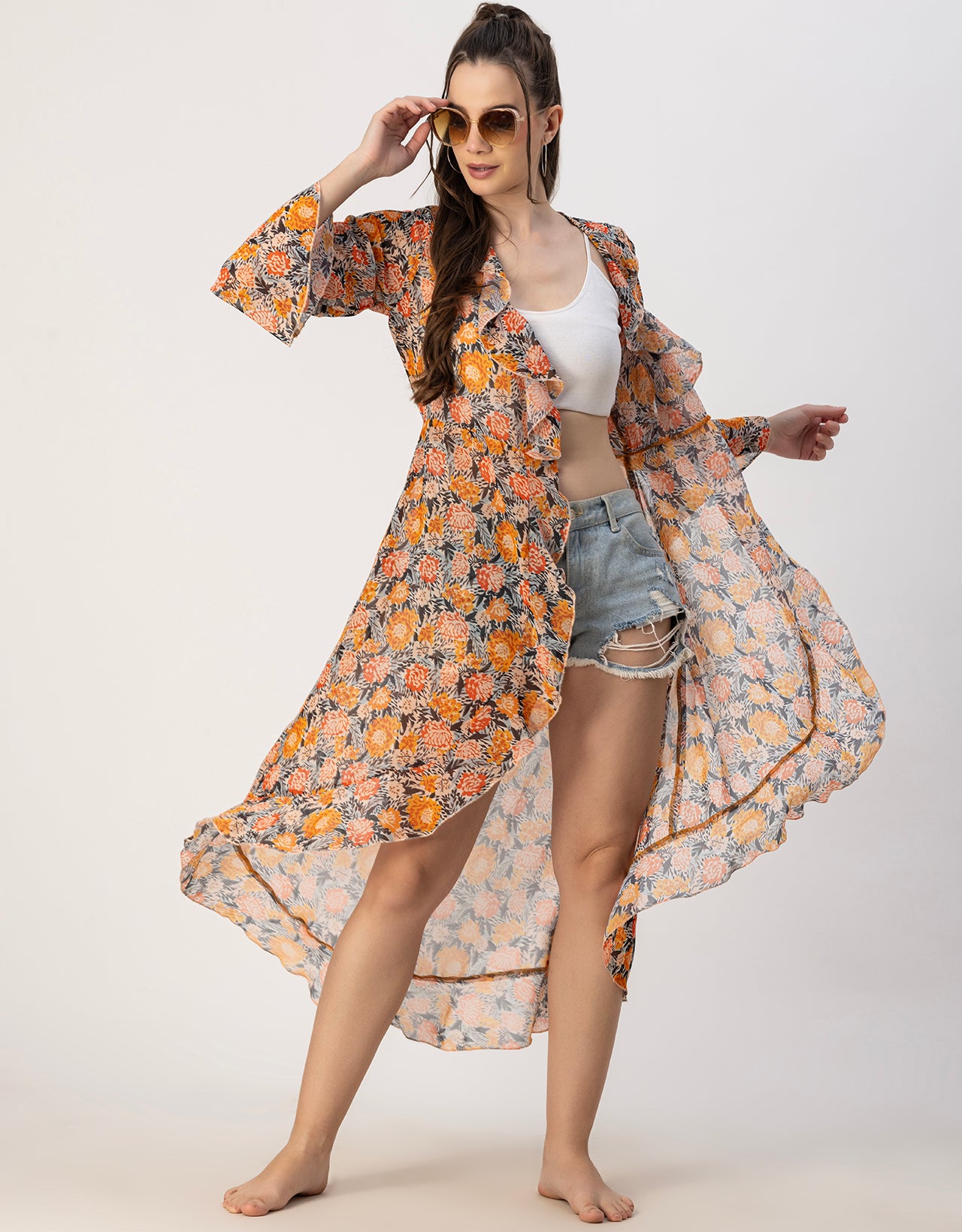 Dress Long Printed Shrugs Long Sleeves V Neck Ruffle Printed Shrug Moomaya Dress Long Printed Shrugs Long Sleeves V Neck Ruffle Printed Shrug Moomaya