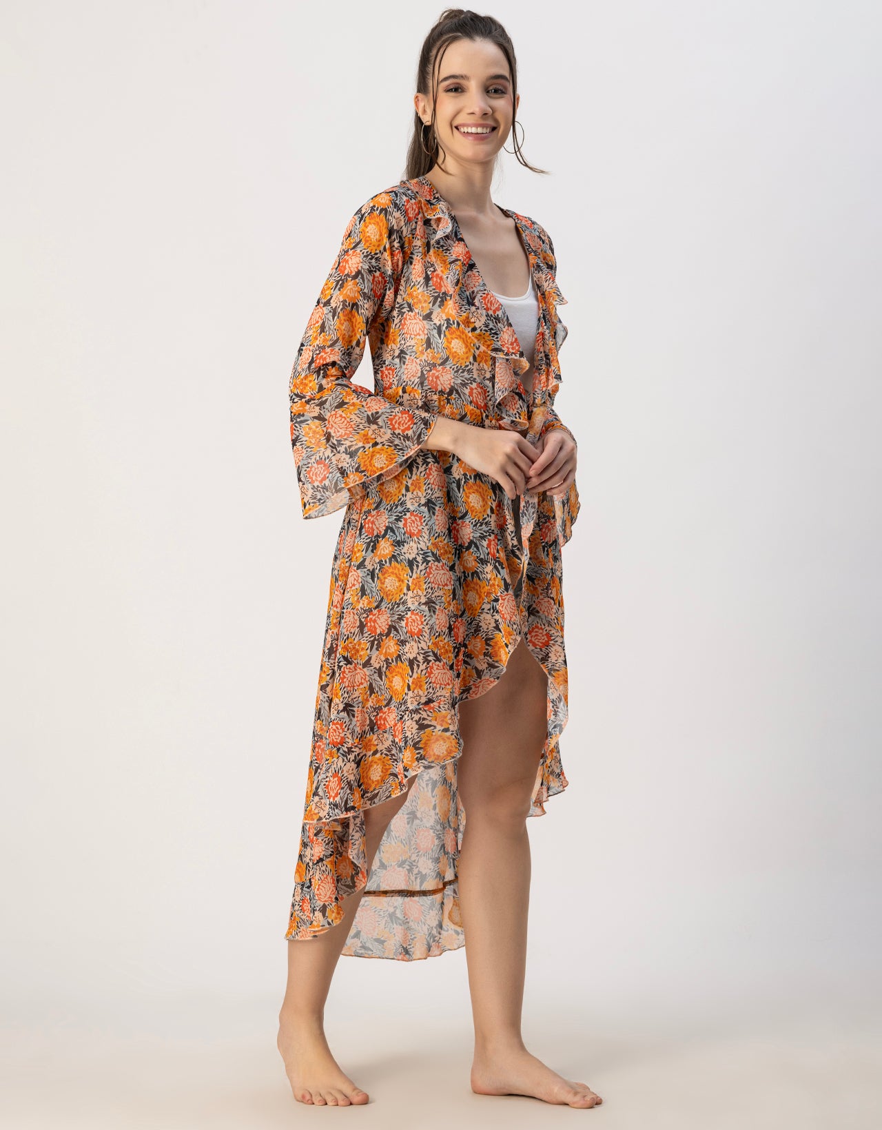 Long Sleeves V Neck Ruffle Printed Shrug