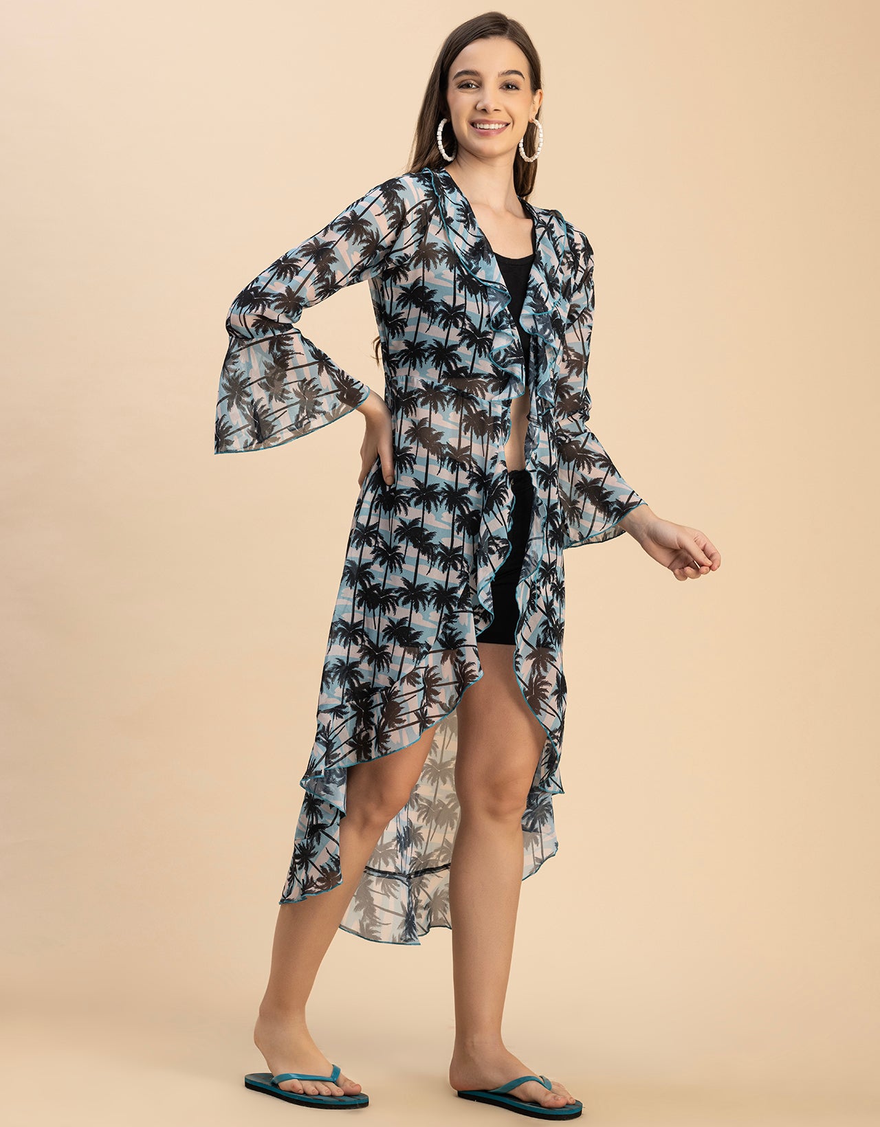 Long Sleeves V Neck Ruffle Printed Shrug