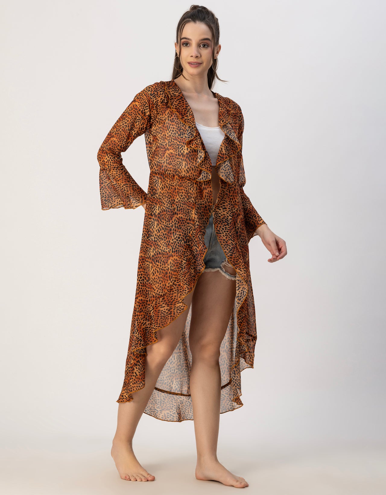 Long Sleeves V Neck Ruffle Printed Shrug