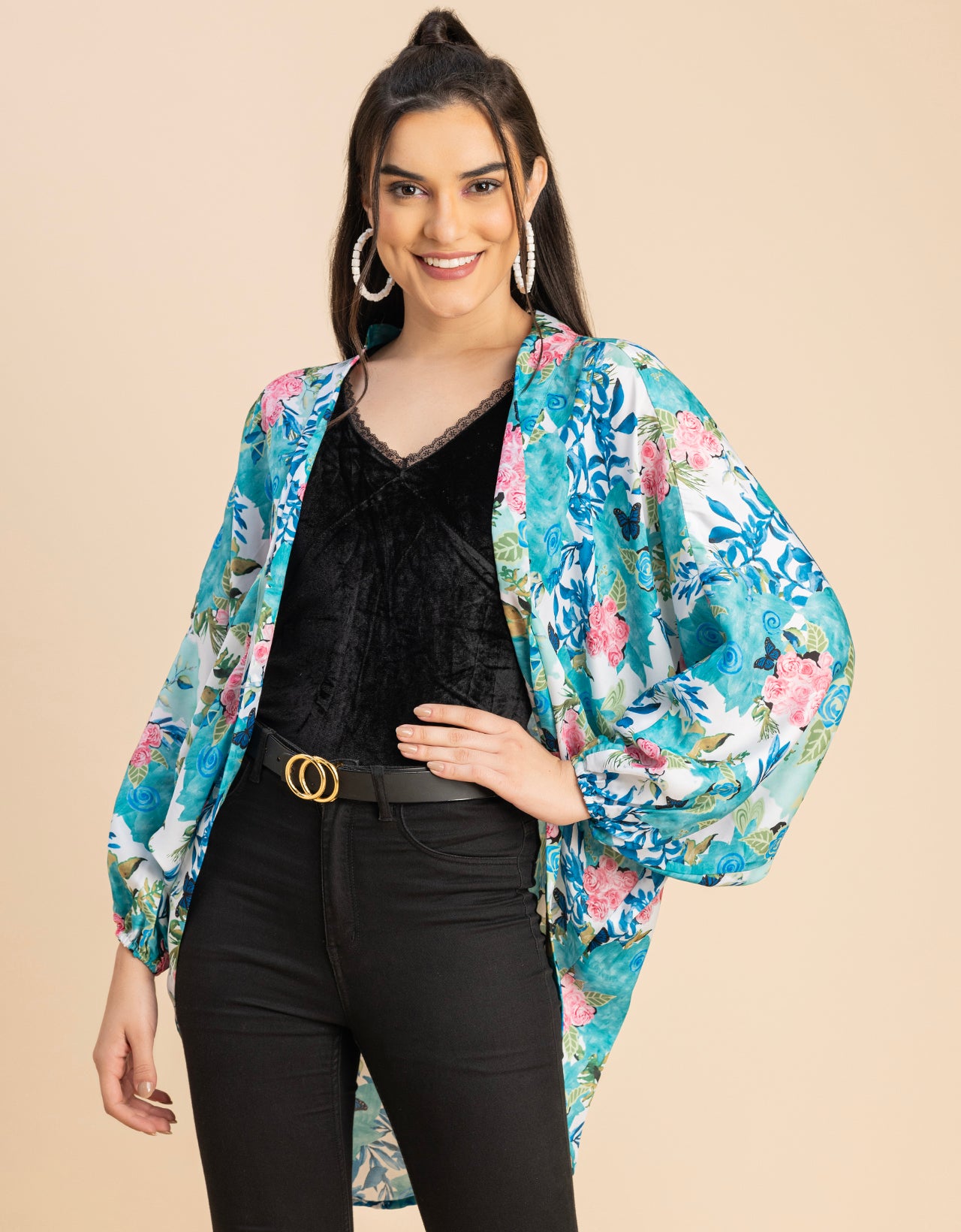Long Sleeves V Neck Boxy Printed Shrug