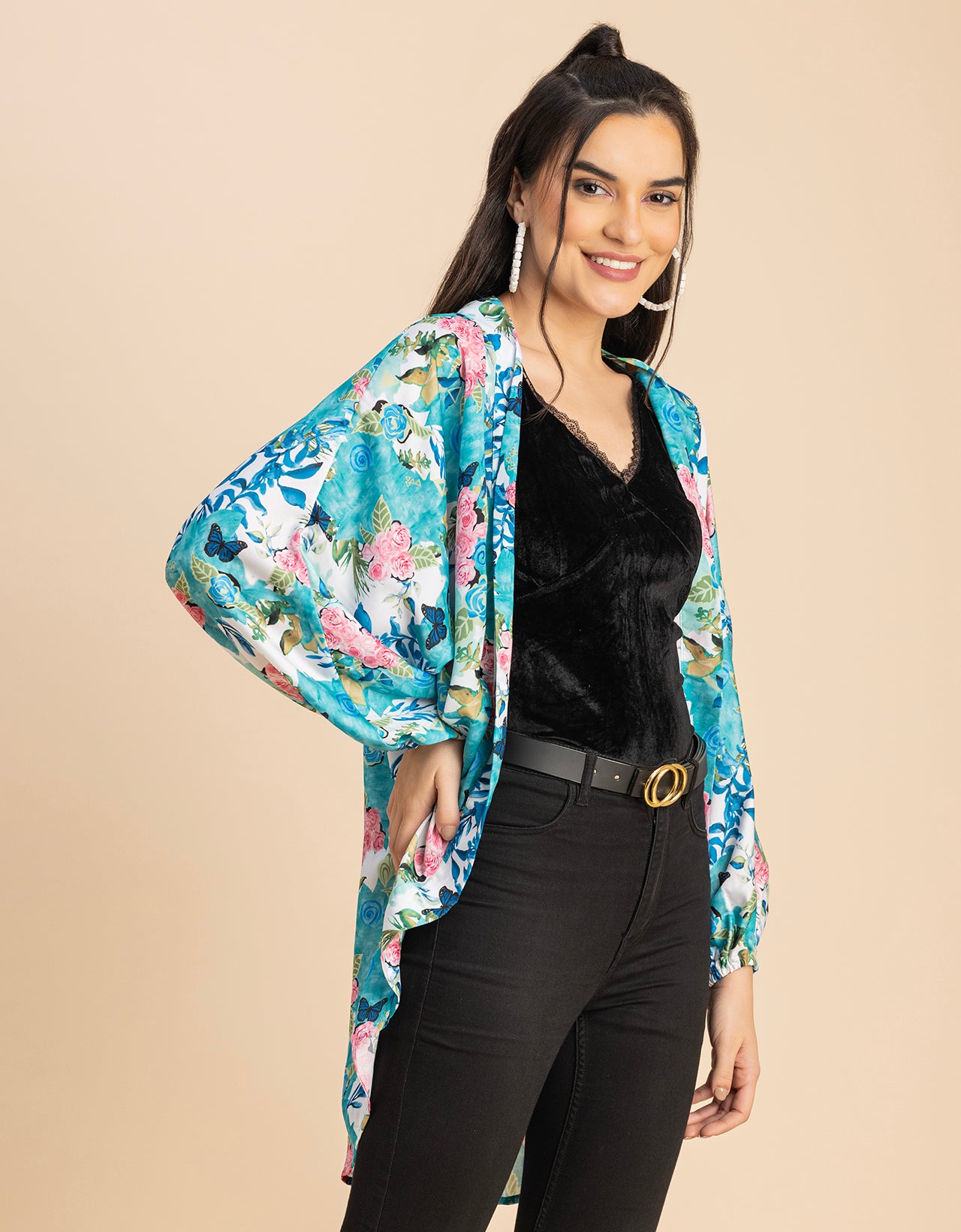 Long Sleeves V Neck Boxy Printed Shrug