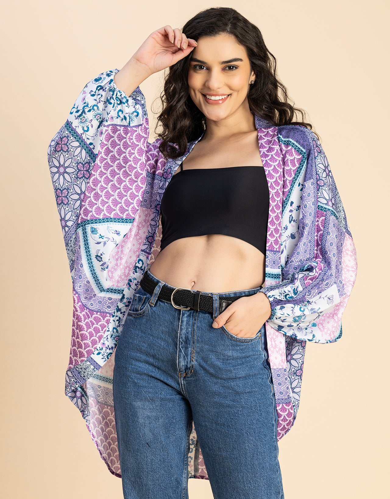 Long Sleeves V Neck Boxy Printed Shrug