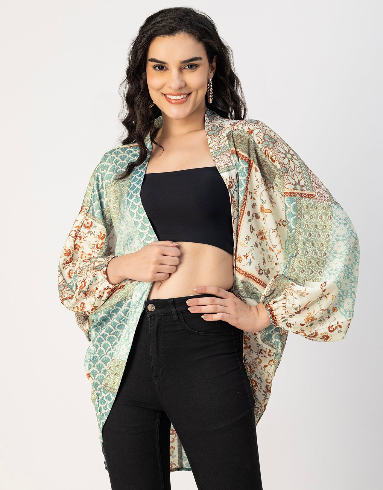 Long Sleeves V Neck Boxy Printed Shrug