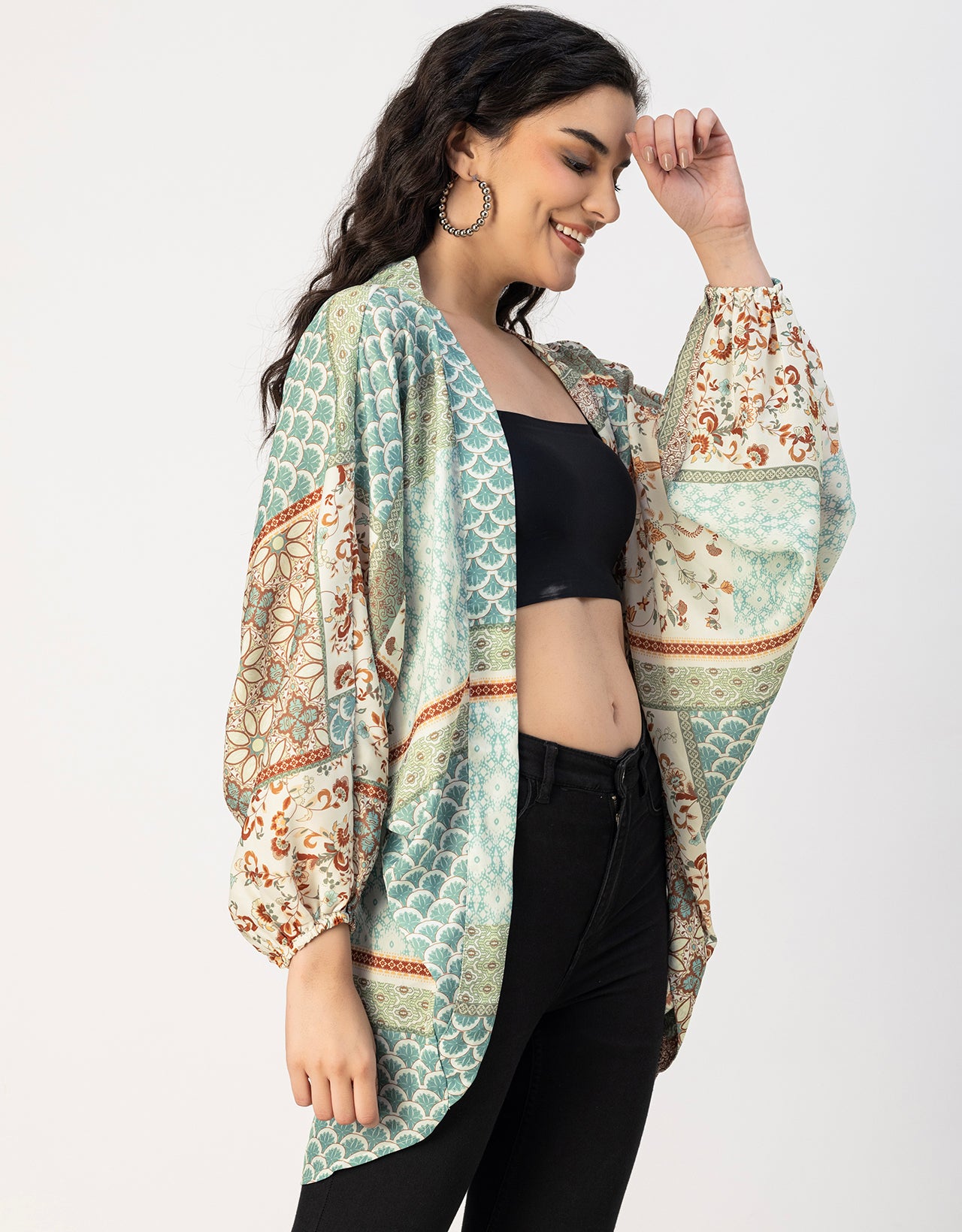 Long Sleeves V Neck Boxy Printed Shrug