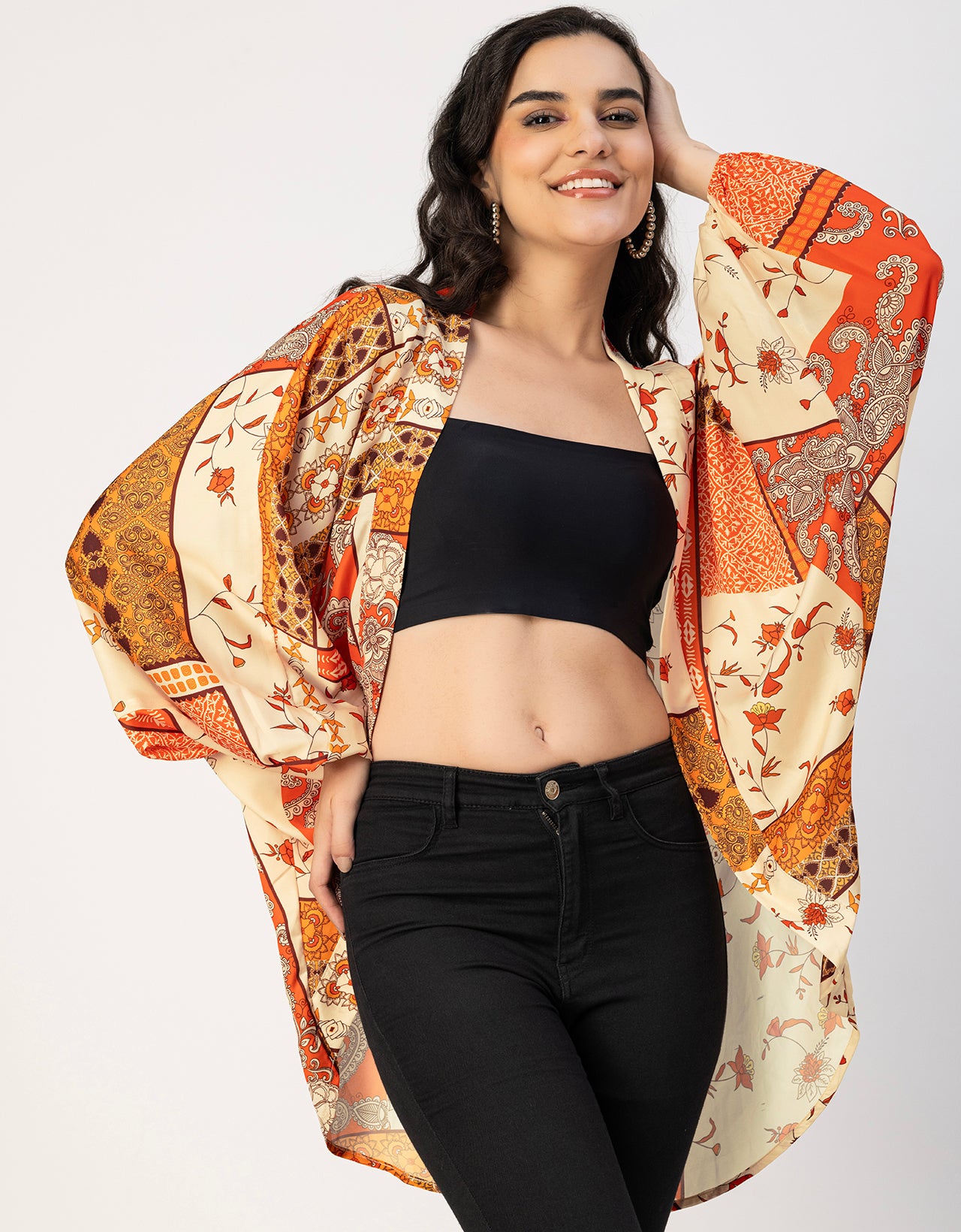 Long Sleeves V Neck Boxy Printed Shrug