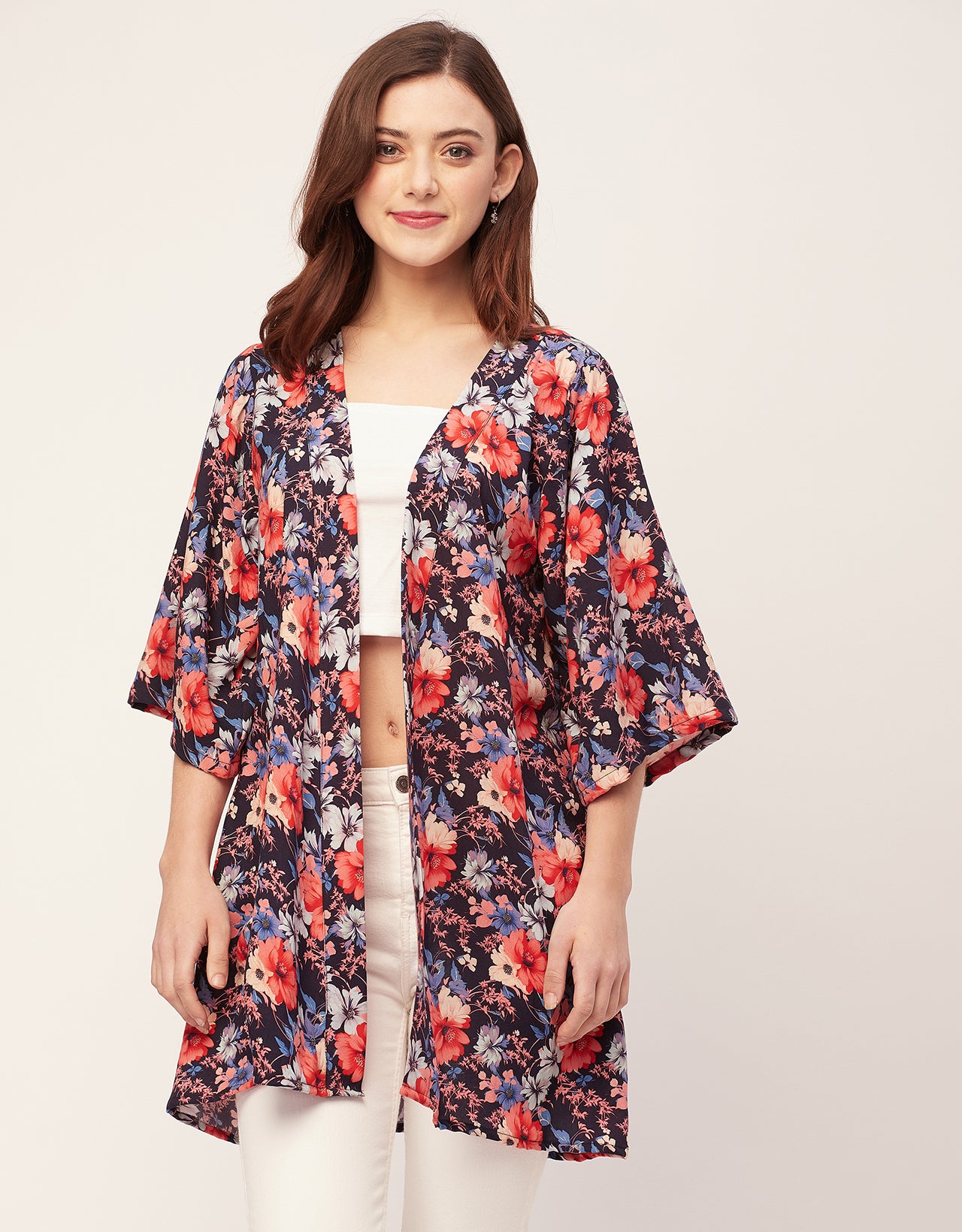 Kimono Sleeves V Neck Printed Rayon Shrug