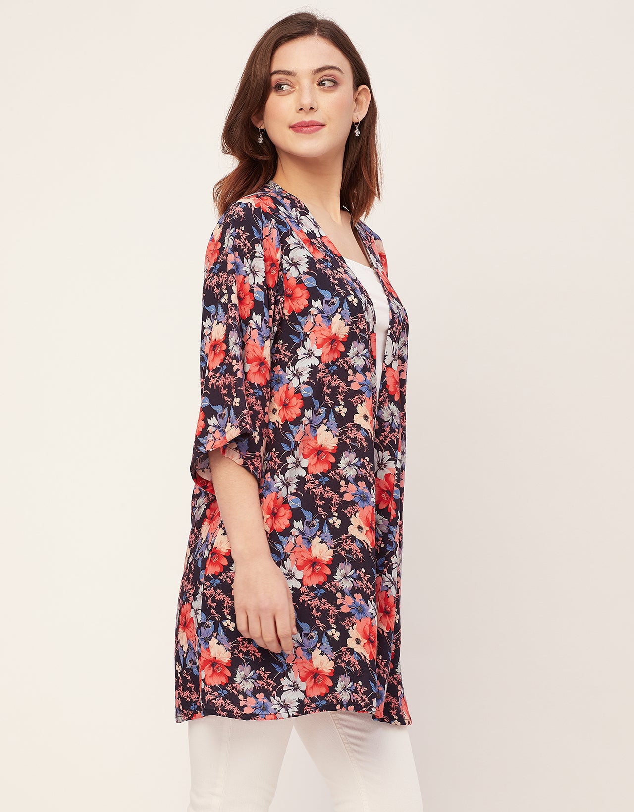 Kimono Sleeves V Neck Printed Rayon Shrug