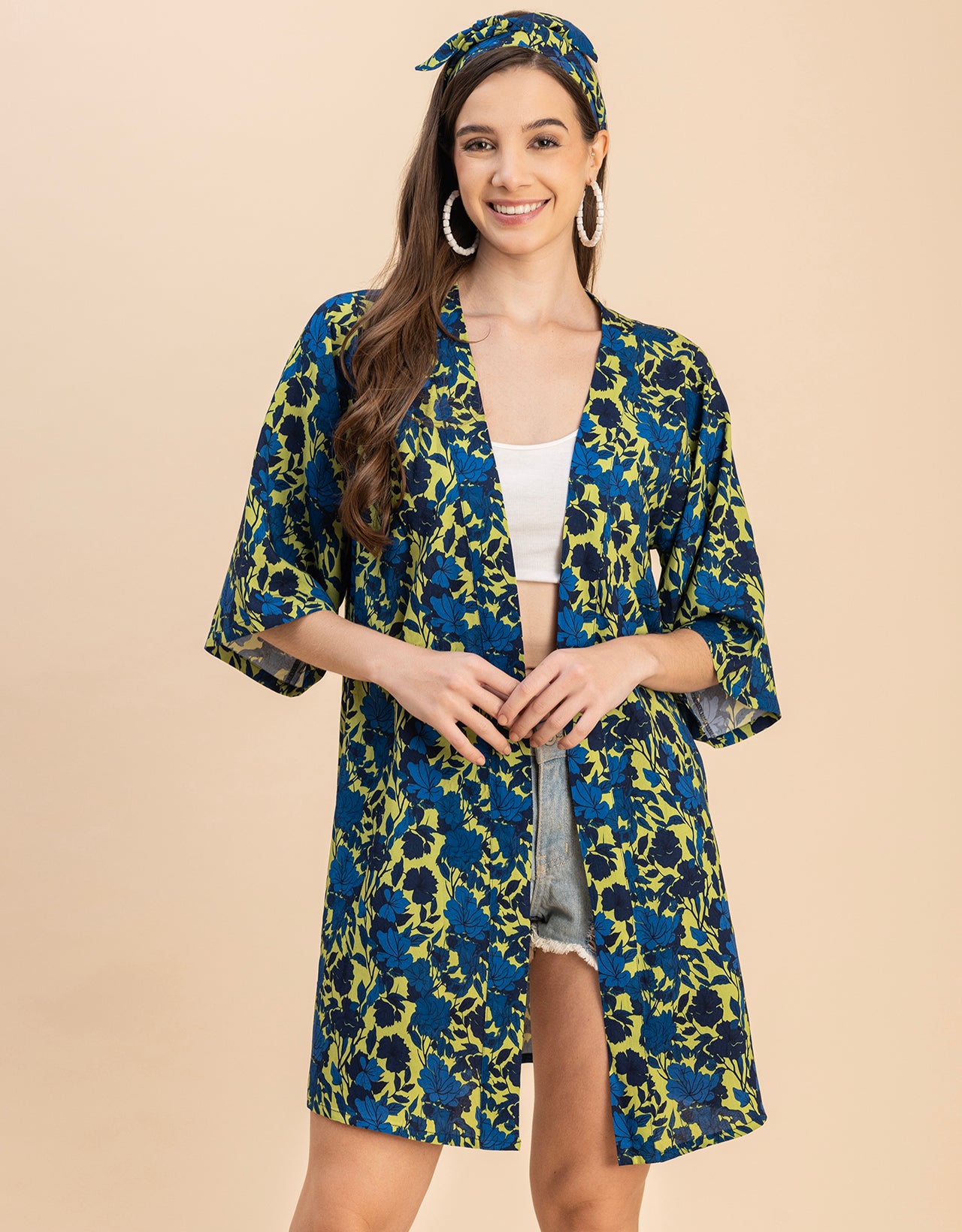 Kimono Sleeves V Neck Printed Rayon Shrug