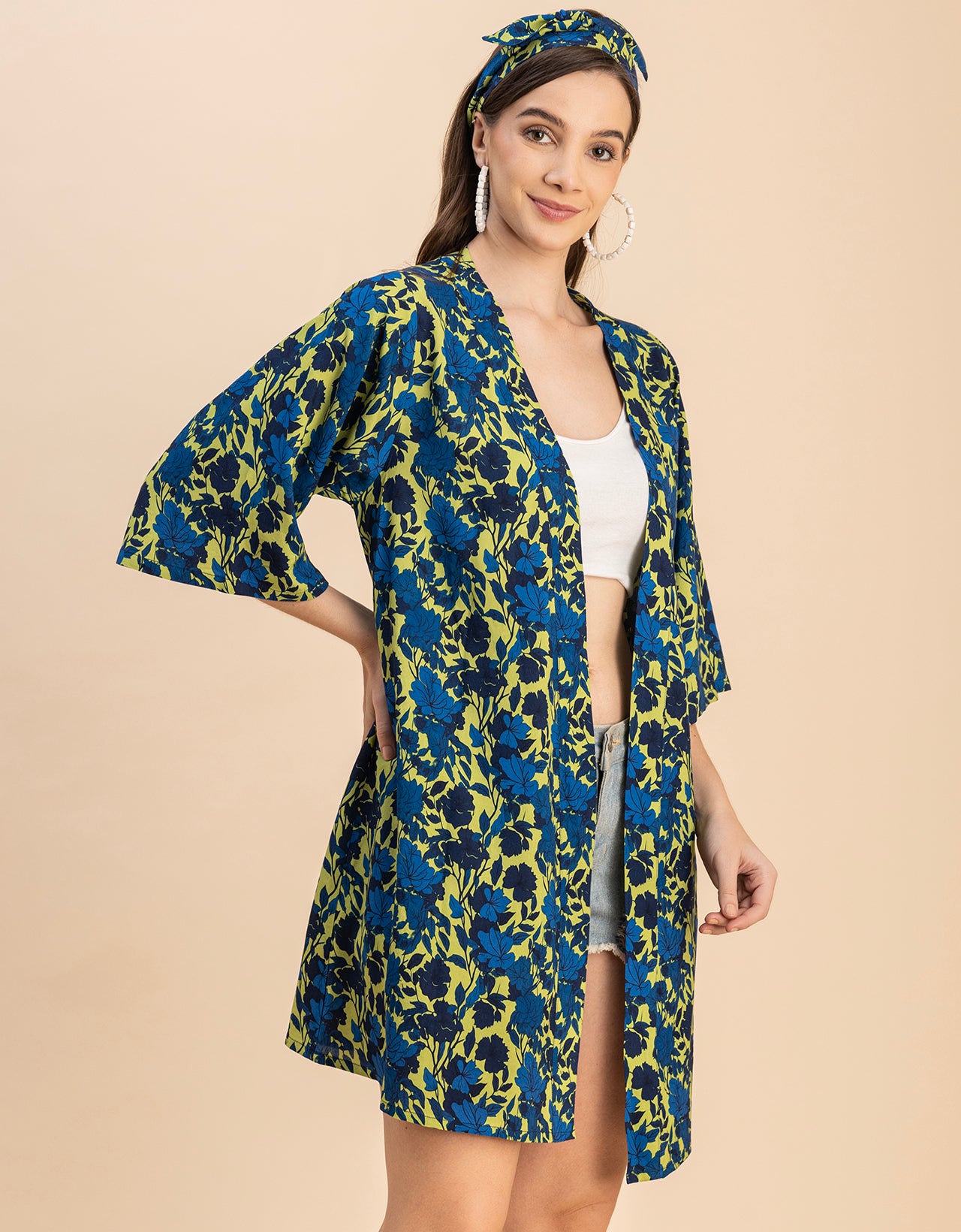Kimono Sleeves V Neck Printed Rayon Shrug