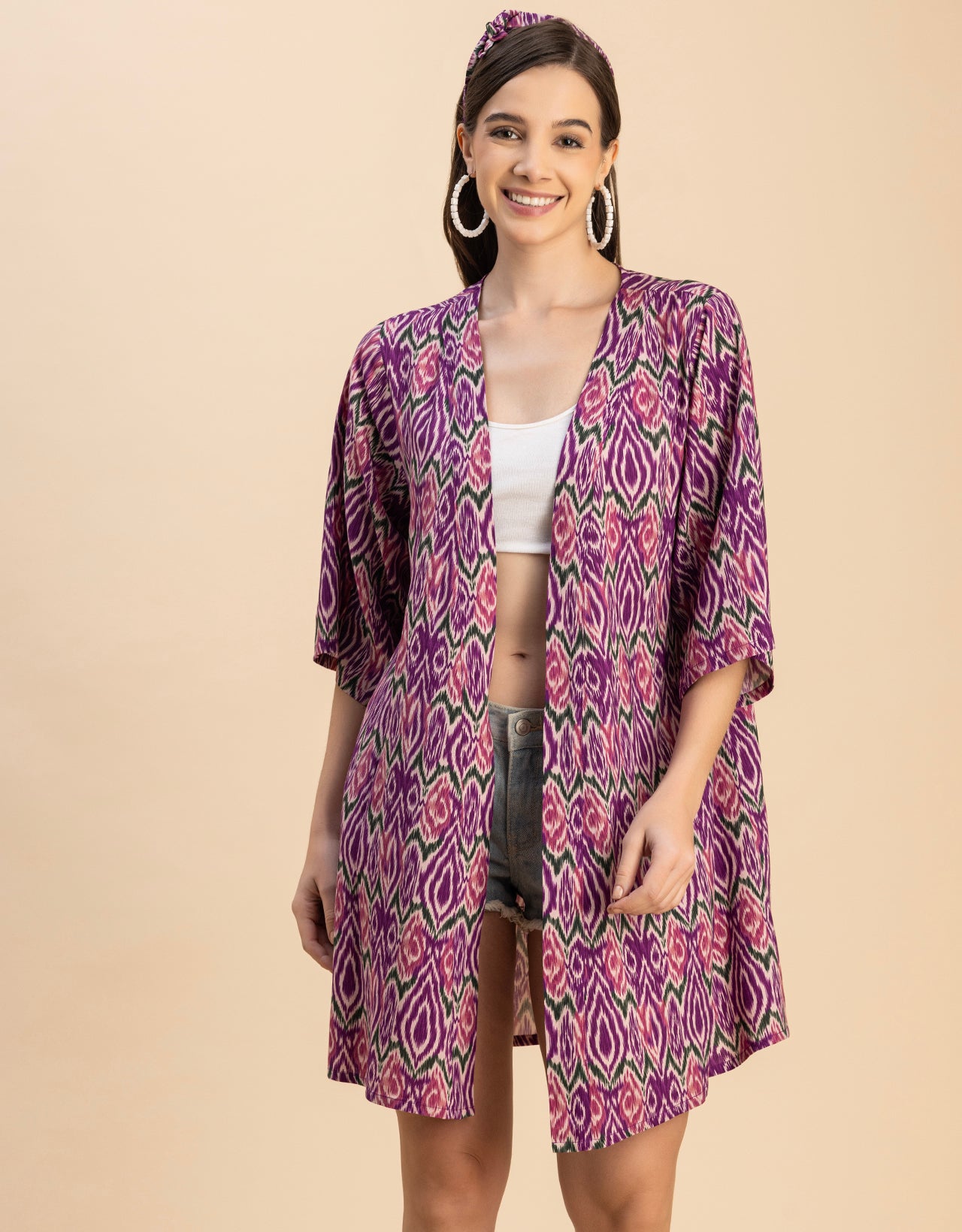 Kimono Sleeves V Neck Printed Rayon Shrug