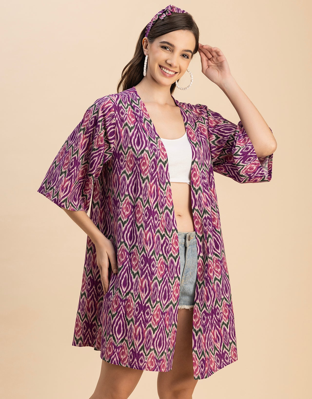 Kimono Sleeves V Neck Printed Rayon Shrug