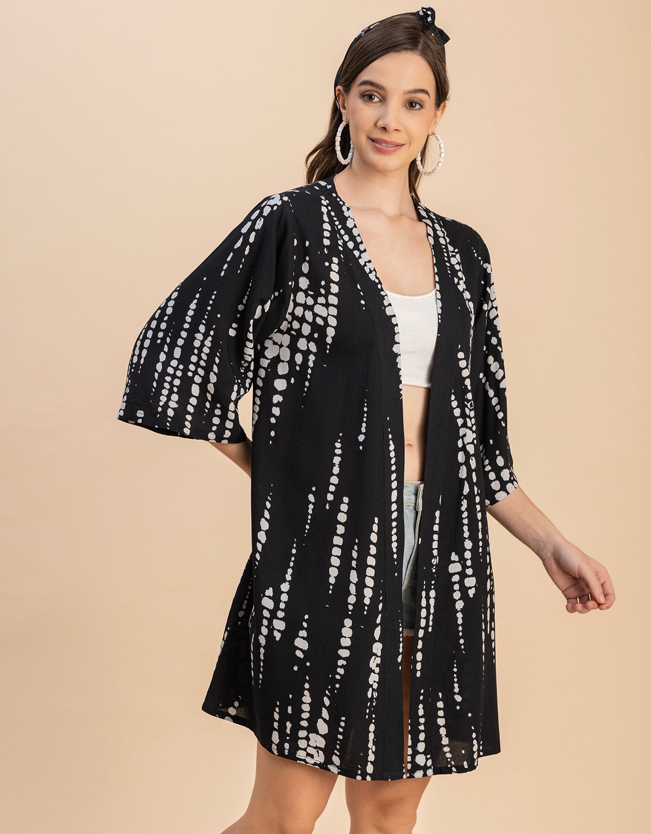 Kimono Sleeves V Neck Printed Rayon Shrug