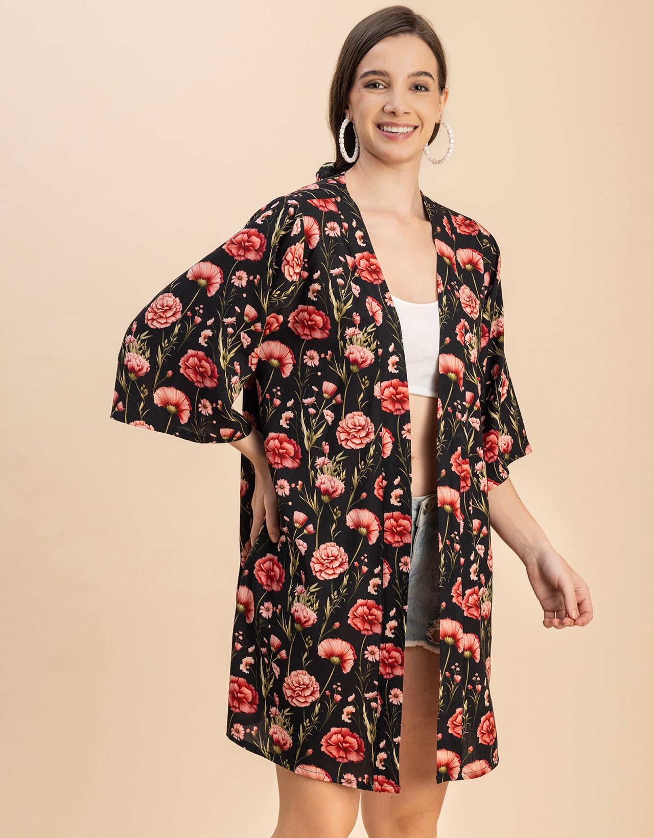 Kimono Sleeves V Neck Printed Rayon Shrug