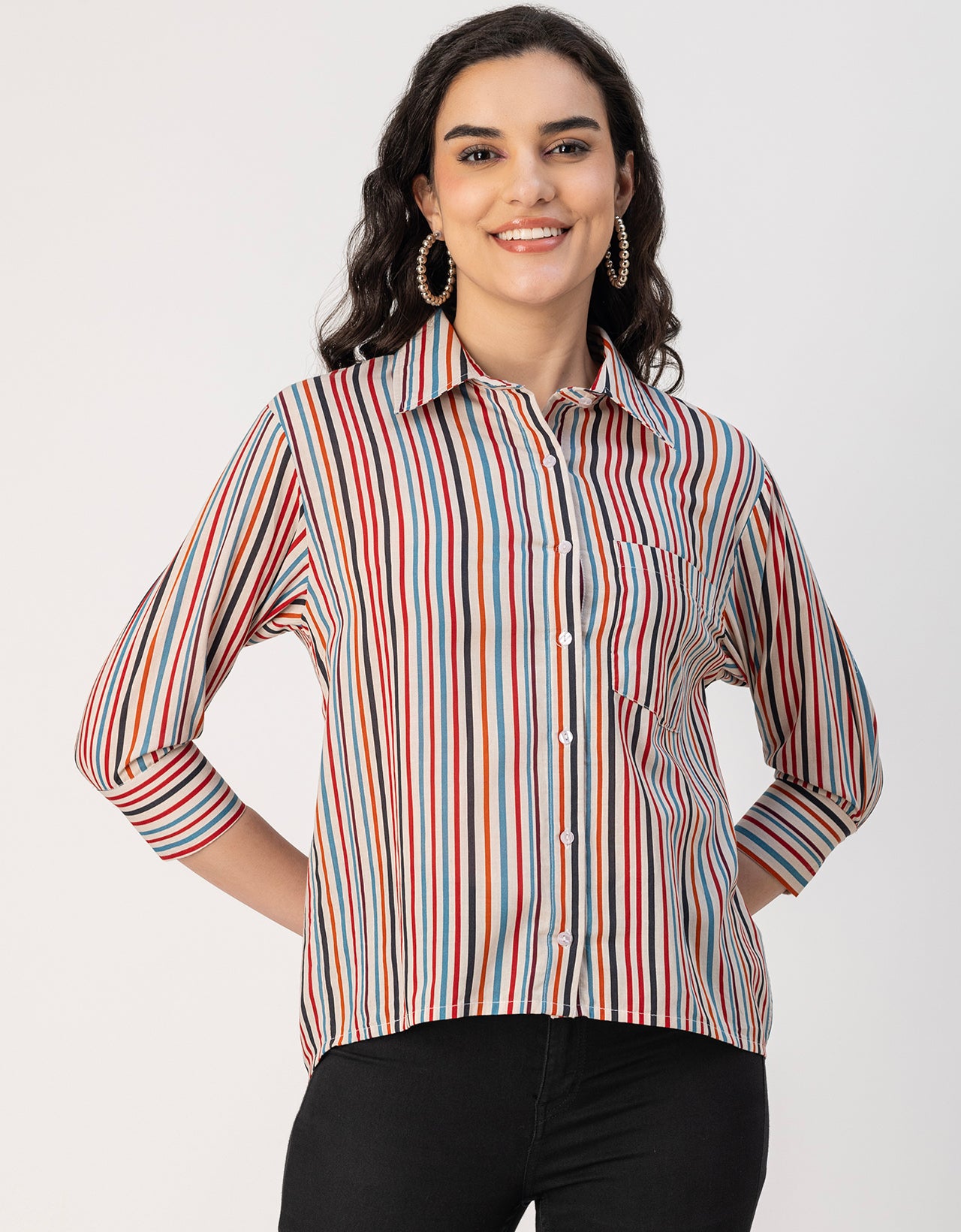 Cuff Sleeves Spread Collar Cotton Shirt