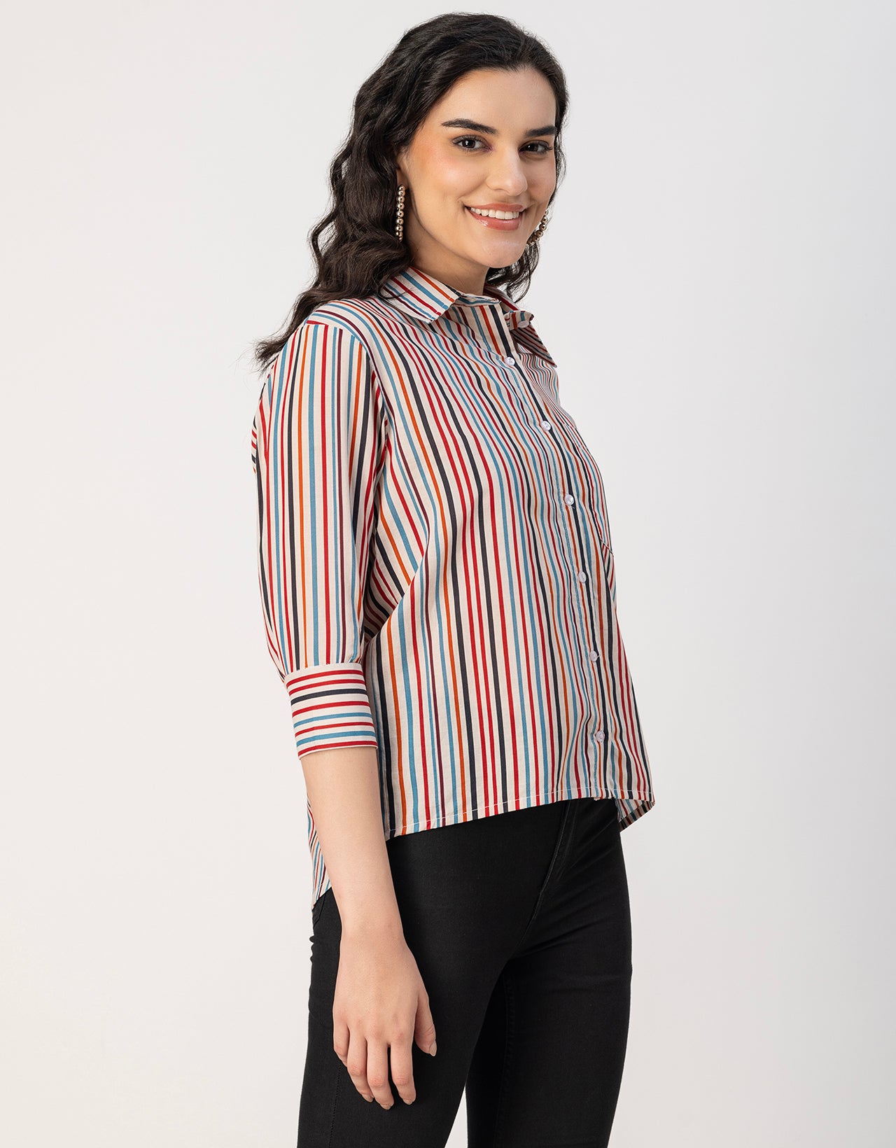 Cuff Sleeves Spread Collar Cotton Shirt