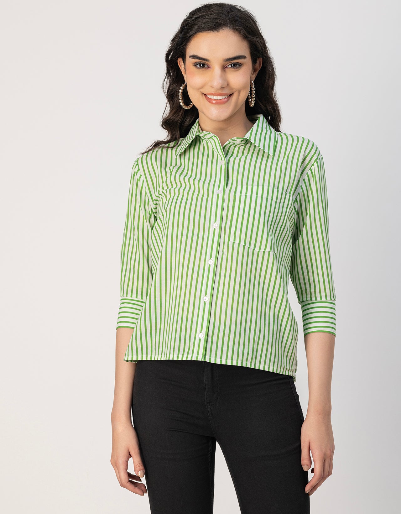 Cuff Sleeves Spread Collar Cotton Shirt