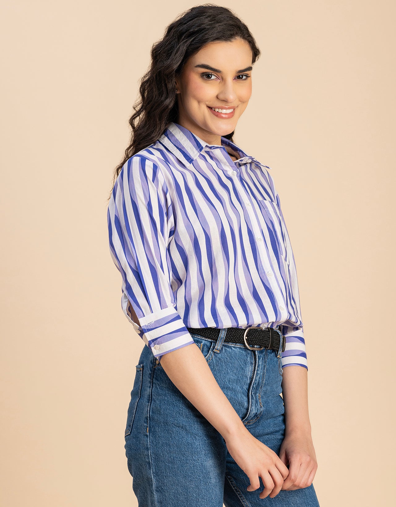 Cuff Sleeves Spread Collar Cotton Shirt